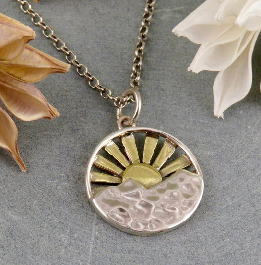 Two Tone Sun Necklace | Gold Silver Sun Pendant | Mixed Metal Necklace | Rays of Sunshine Necklace | Sterling Sun Pendant | Sun Mountain