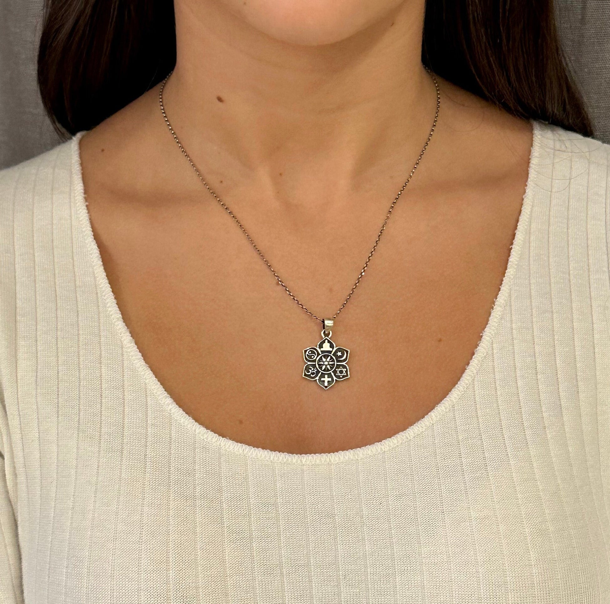 Silver Coexist Necklace | Sterling Coexistence Pendant | Sterling Flower Pendant | Sterling Tolerance Necklace | Silver Spiritual Necklace