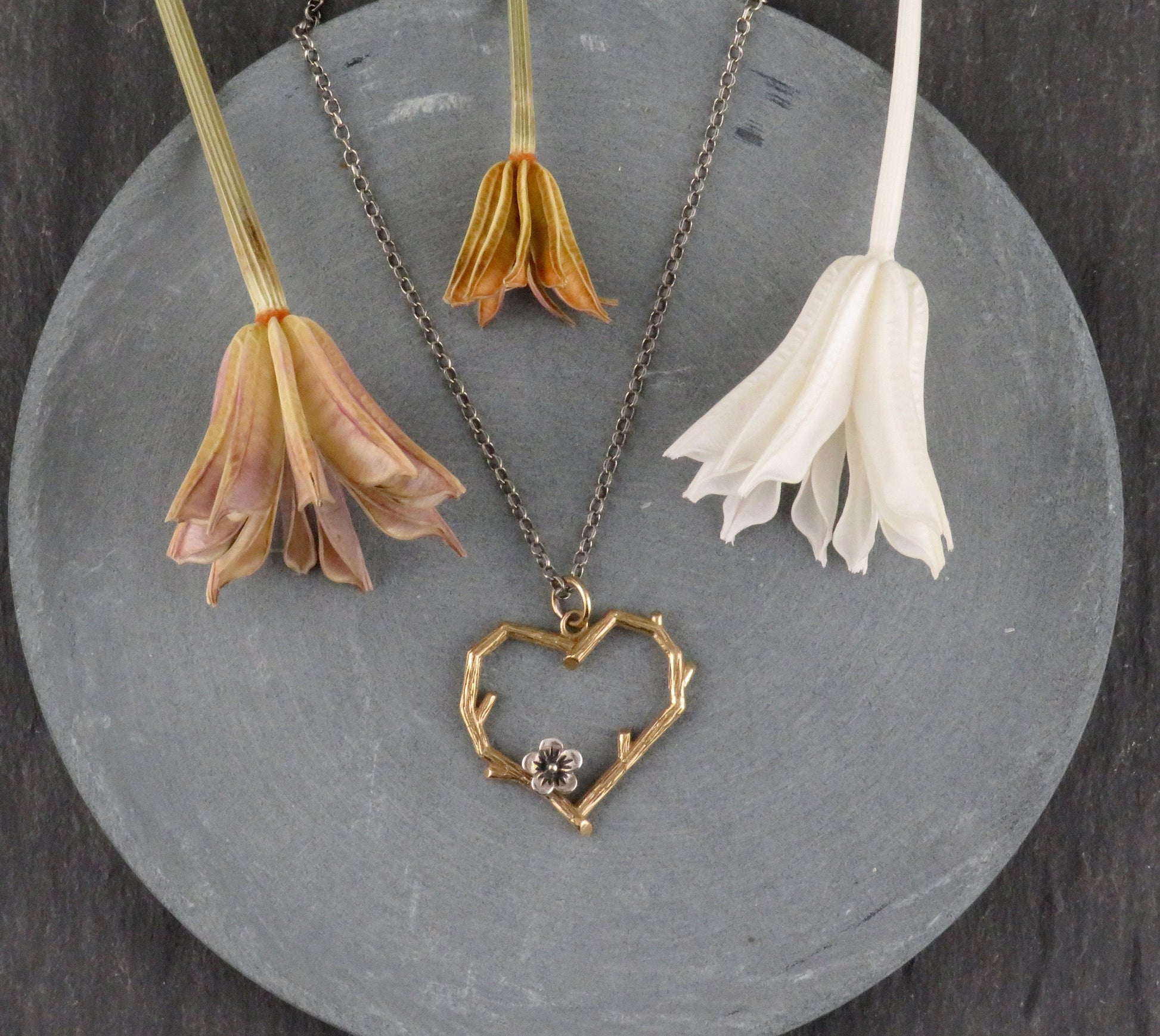Gold Heart Necklace | Heart Branch Pendant | Tree Lover Necklace | Bronze Heart | Nature Necklace | Two Tone Heart Pendant | Love Branch