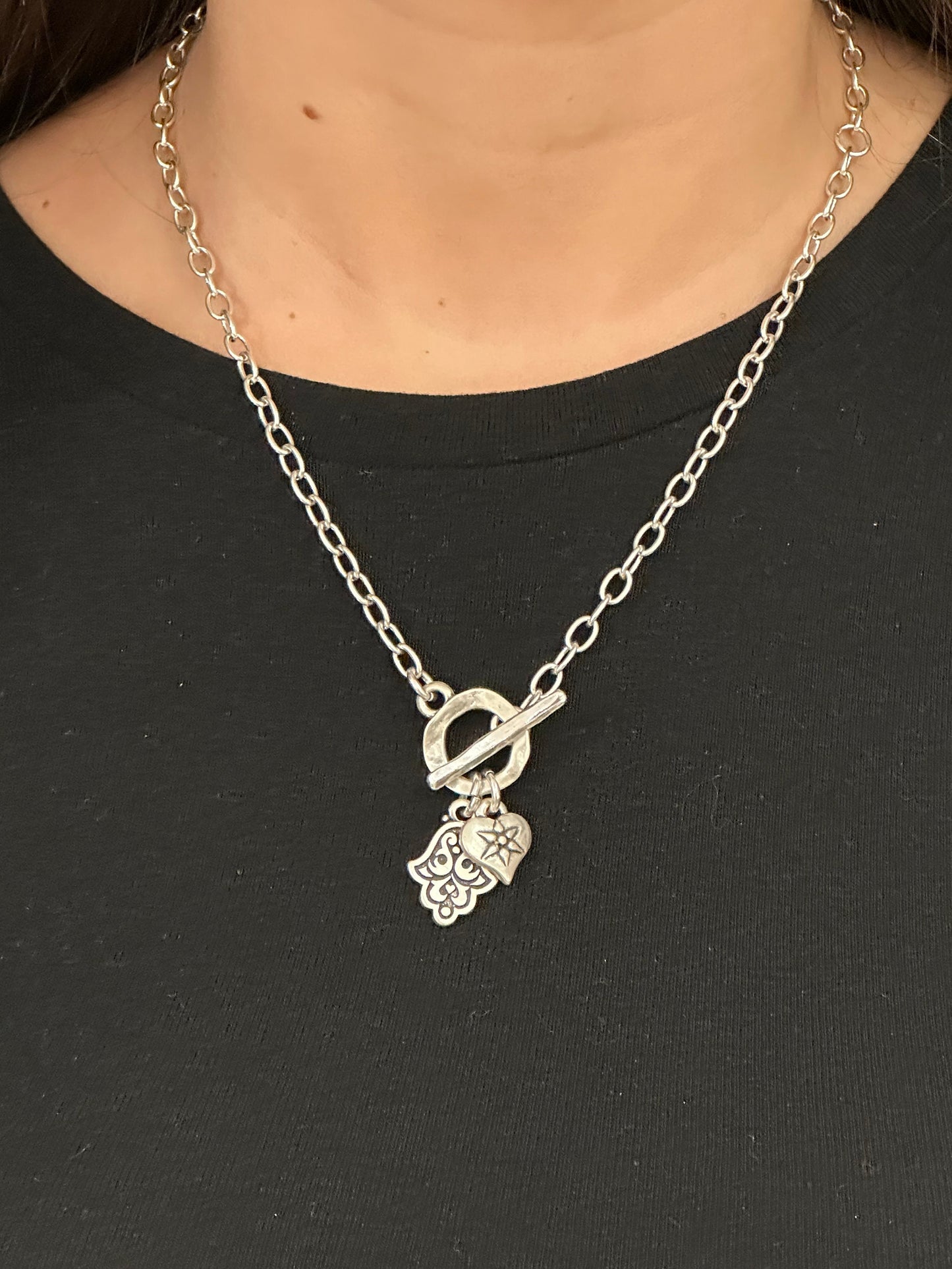 Silver Hamsa and Heart Necklace | Spiritual Love Necklace | Silver Front Toggle Charm Necklace | Chunky Silver Hamsa Heart Necklace