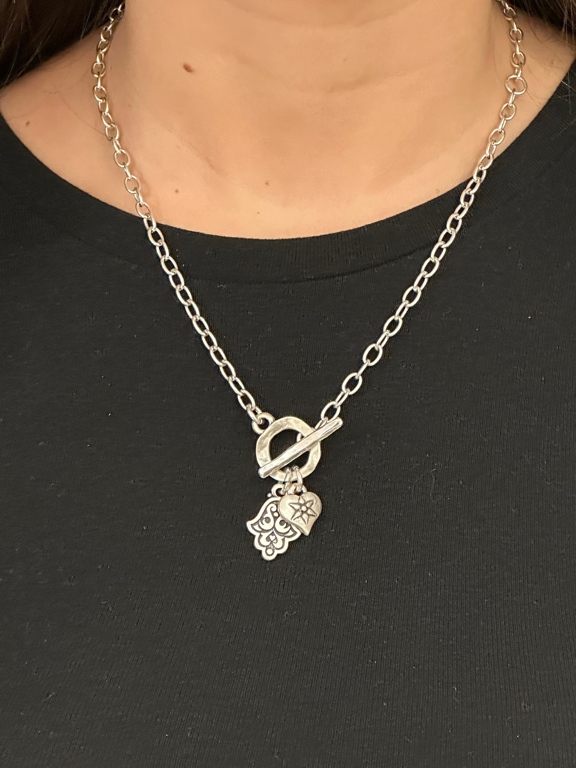 Silver Hamsa and Heart Necklace | Spiritual Love Necklace | Silver Front Toggle Charm Necklace | Chunky Silver Hamsa Heart Necklace