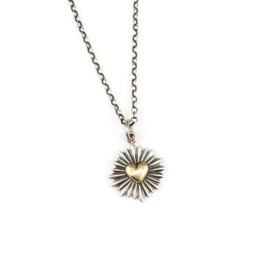 Two Tone Heart Necklace | Gold Silver Heart Necklace | Mixed Metal Heart Necklace | Heart Rays Pendant | Unique Heart Necklace | Heart Burst