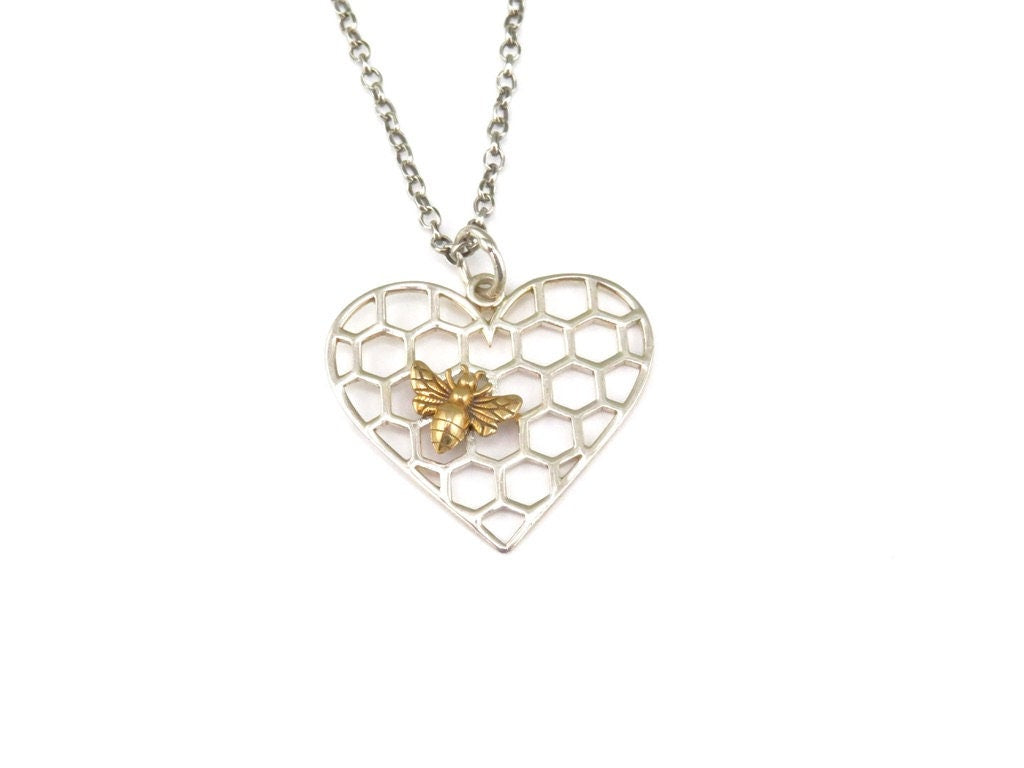 Sterling Bee Heart Necklace | Two Tone Bee Necklace | Mixed Metal Bee Heart Pendant | Honeycomb Heart Bee Necklace | Bee Lover Necklace