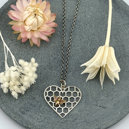 Sterling Bee Heart Necklace | Two Tone Bee Necklace | Mixed Metal Bee Heart Pendant | Honeycomb Heart Bee Necklace | Bee Lover Necklace