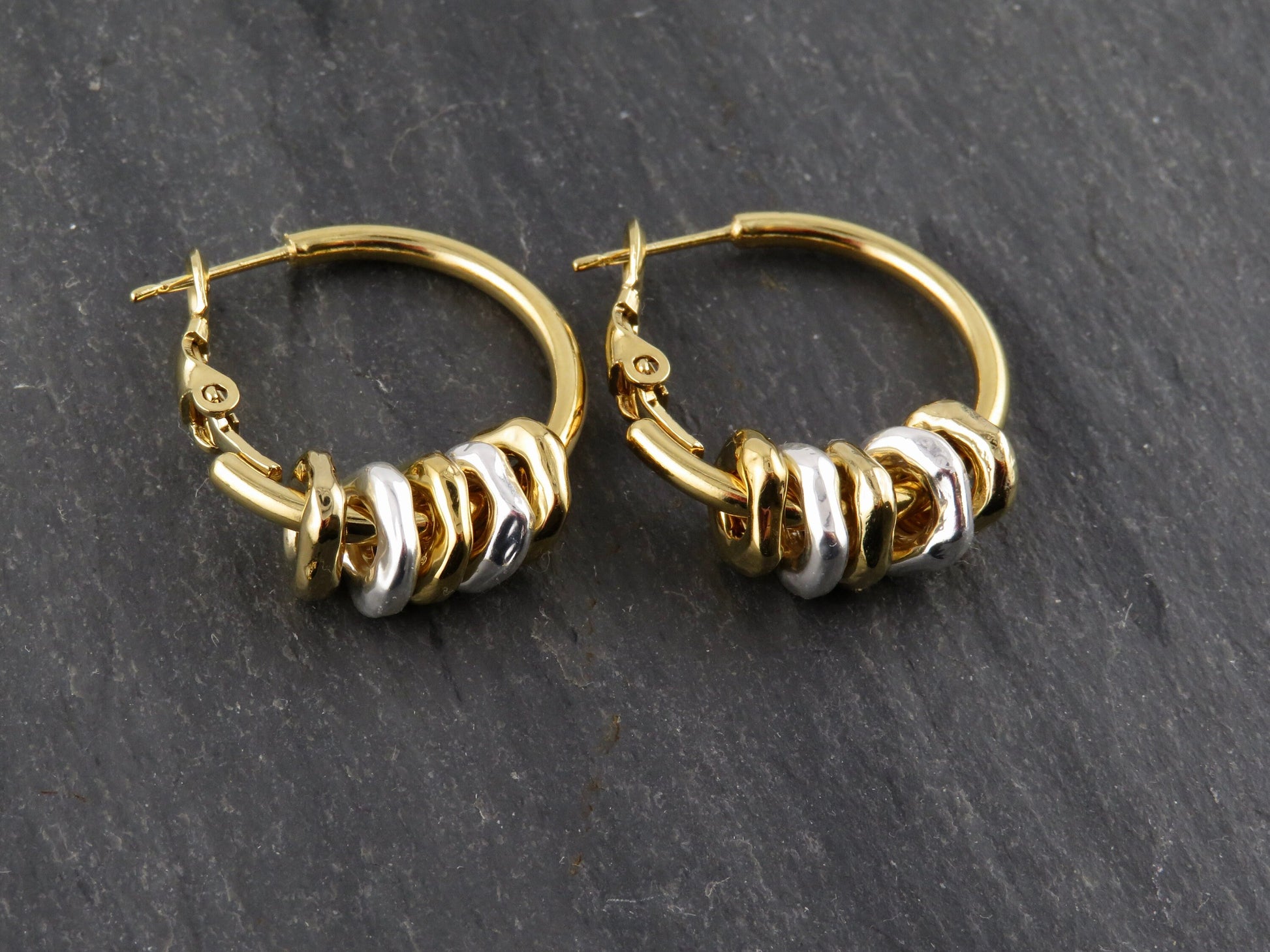 Two Tone Hoop Earrings | Gold and Silver Earrings | Mixed Metal Hoop Earrings | Hammered Hoop Earrings | Gold Silver Dangles | Unique Hoops