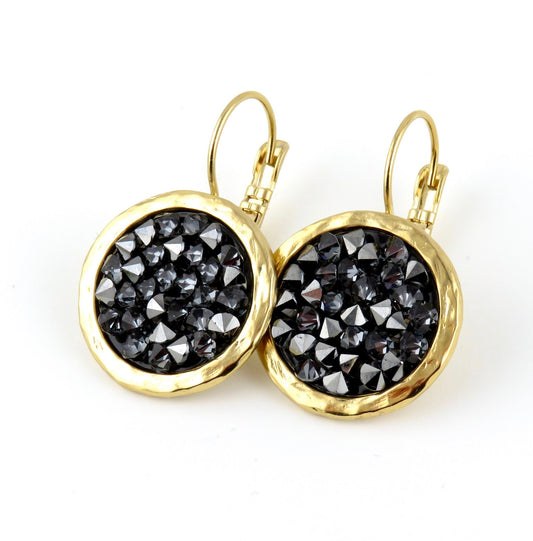 Gold Sparkly Earrings| Black Crystal Gold Earrings | Gold Leverback Earrings | Sparkly Gold Earrings | Black Gold Cocktail Earrings
