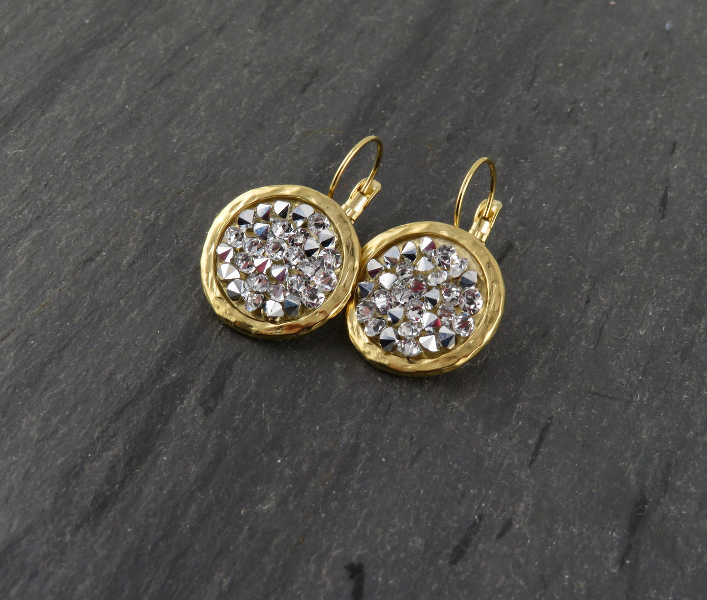 Gold Sparkly Earrings | Multi Crystal Gold Earrings | Gold Silver Crystal Earrings | Sparkly Cocktail Earrings | Lever Back Earrings