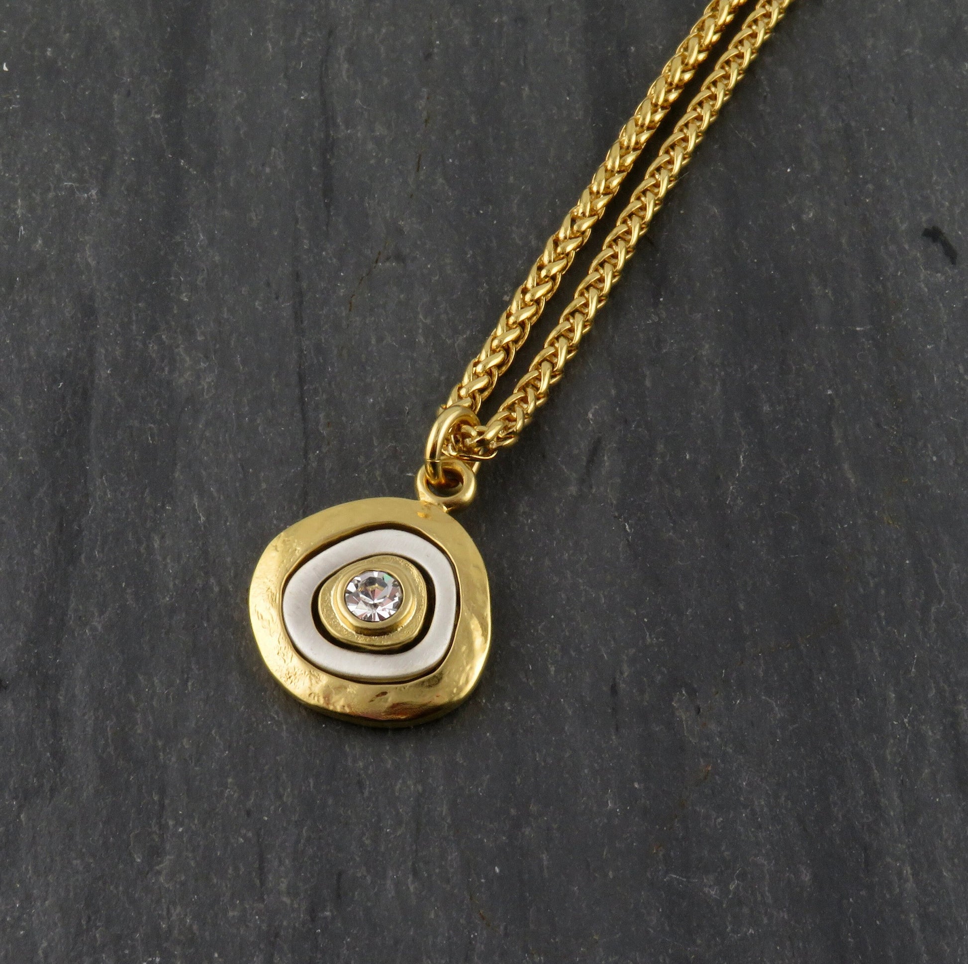 Gold Crystal Pendant | Two Tone Necklace | Mixed metal cz Necklace | Two Toned Medallion Pendant | Gold Mixed Metals Necklace