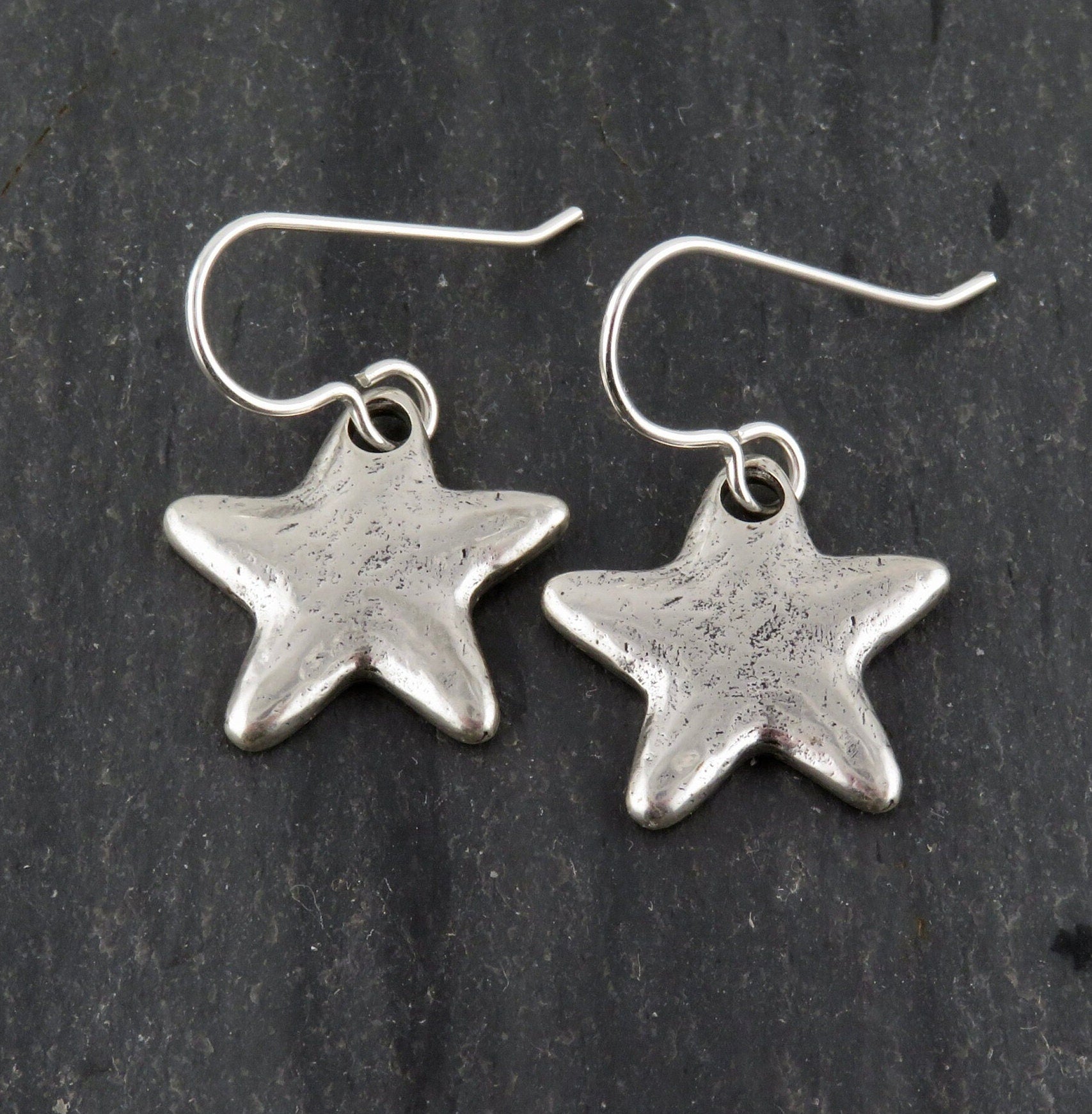 Silver Star Earrings | Rustic Star Earrings | Hammered Star Earrings | Brushed Matte Silver Star Earrings | Simple Star Pendant Earrings