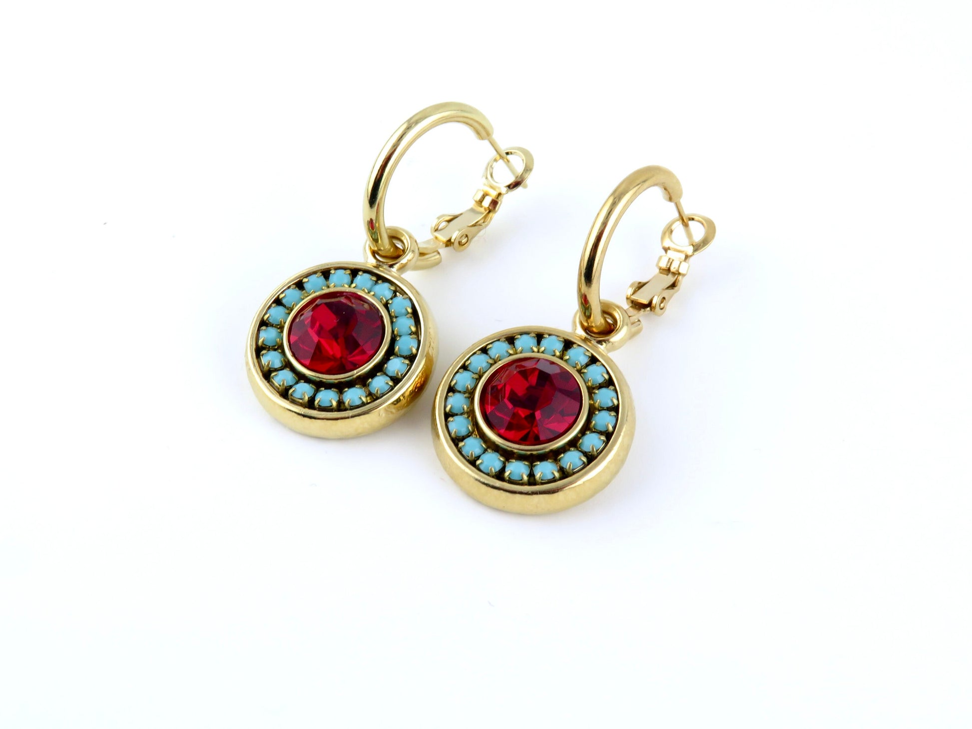 Colorful Sparkly Earrings | Turquoise Red Earring | Gold Crystal Earrings | Statement Earrings | Turquoise Gold Hoop | Pave Crystal Earrings