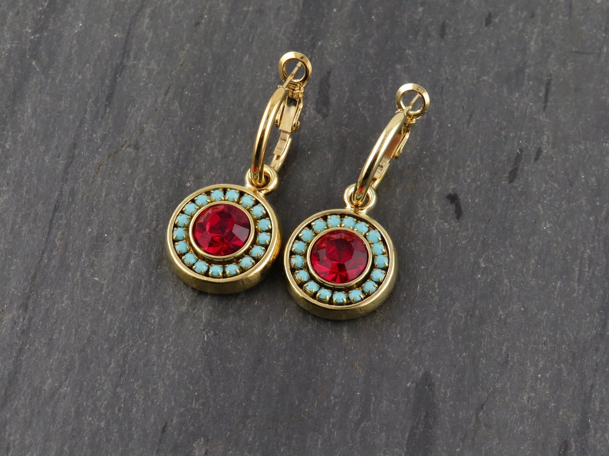 Colorful Sparkly Earrings | Turquoise Red Earring | Gold Crystal Earrings | Statement Earrings | Turquoise Gold Hoop | Pave Crystal Earrings