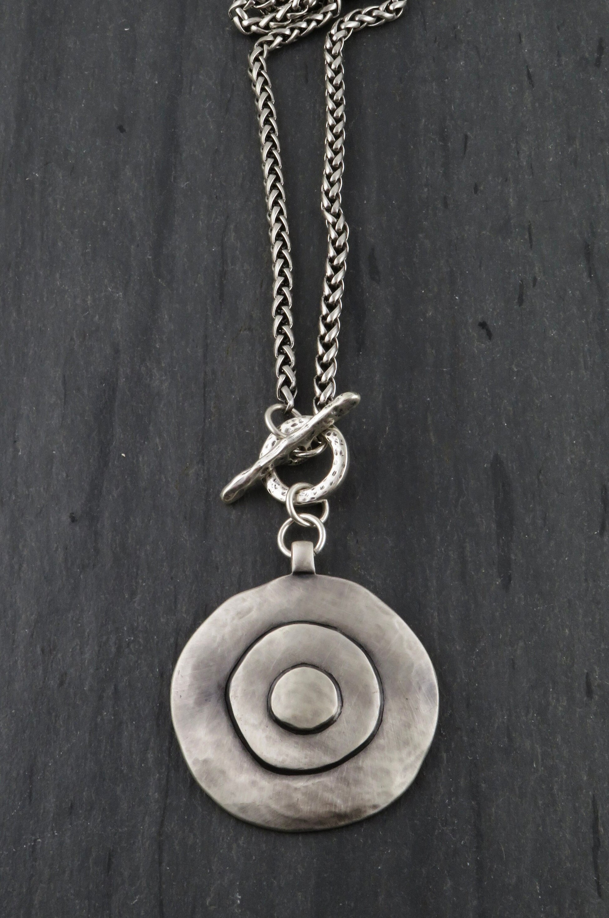 Long Chunky Silver Necklace | Silver Geometric Long Pendant | Concentric Circles Long Necklace | Bullseye Chunky Pendant | Long Medallion