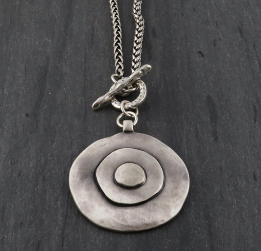 Long Chunky Silver Necklace | Silver Geometric Long Pendant | Concentric Circles Long Necklace | Bullseye Chunky Pendant | Long Medallion