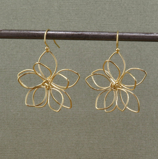 Gold Flower Earrings | Wire Flower Earrings | Lightweight Flower Earrings | Large Gold Open Flower Earrings | Wire Wrapped Flower Earrings