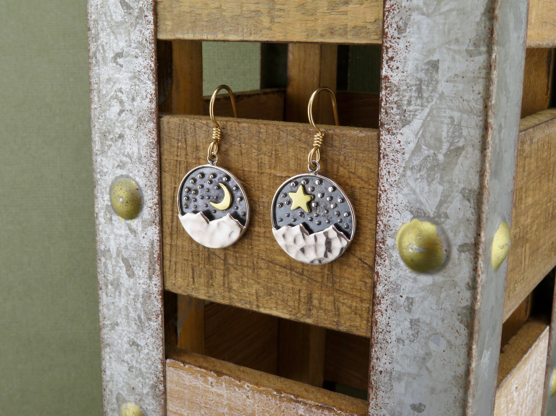Mismatched Earrings, Mismatched Silver Gold Earrings, Moon and Star Earrings, Night Earrings, Two Tone Nature Earrings, Nature Earrings