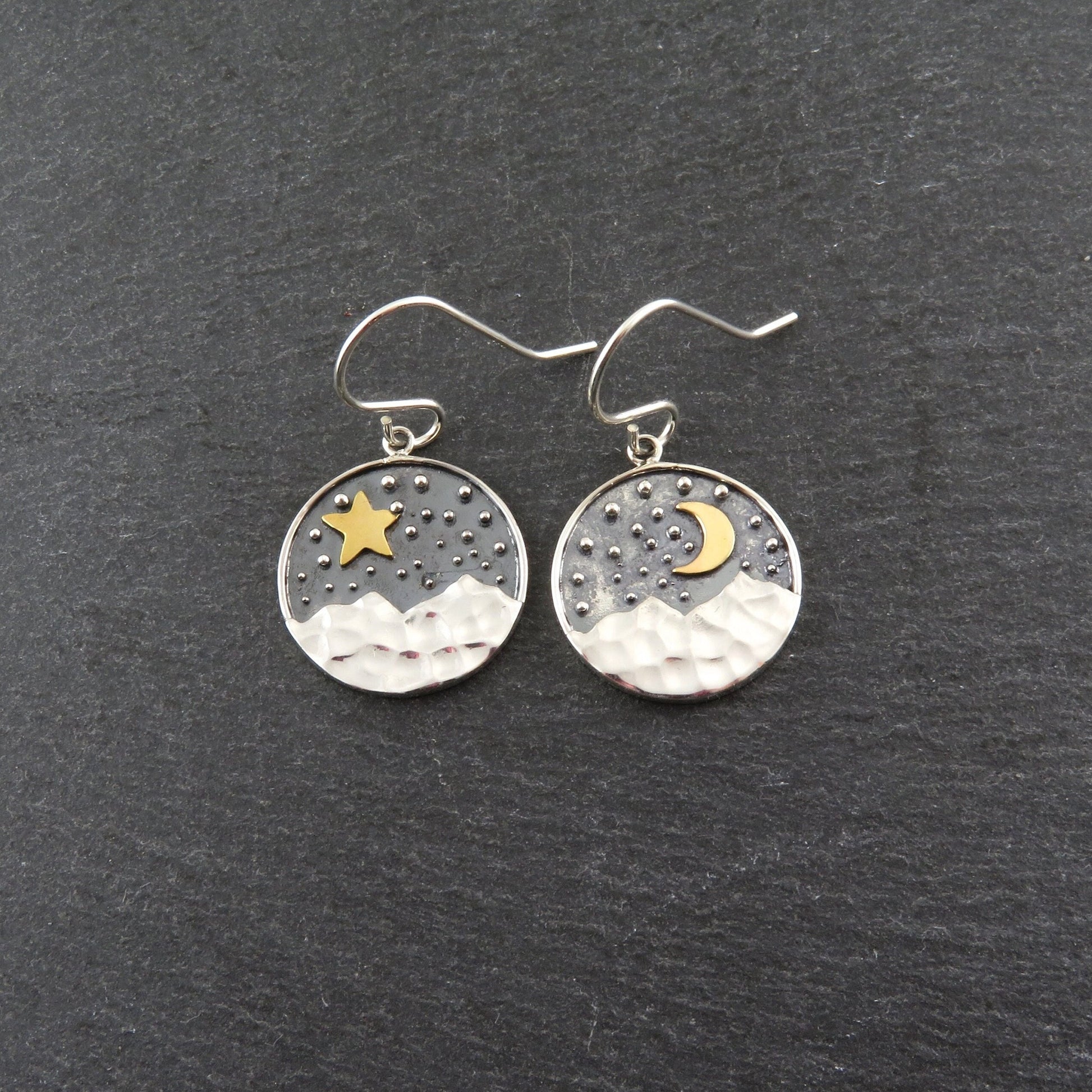 Mismatched Earrings, Mismatched Silver Gold Earrings, Moon and Star Earrings, Night Earrings, Two Tone Nature Earrings, Nature Earrings