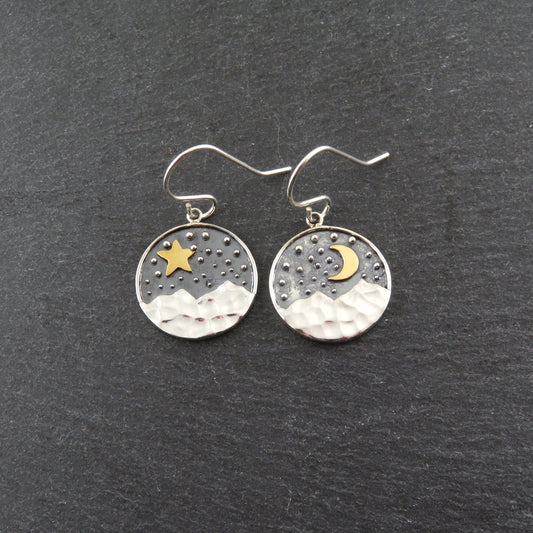 Mismatched Earrings, Mismatched Silver Gold Earrings, Moon and Star Earrings, Night Earrings, Two Tone Nature Earrings, Nature Earrings