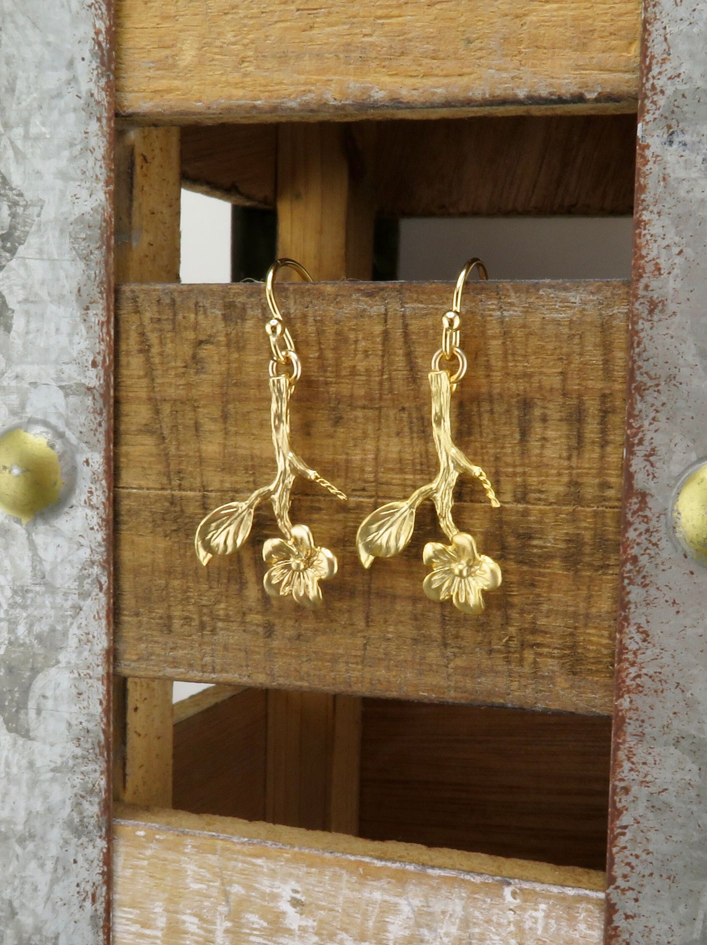 Gold Flower Stem Earrings | Flower Branch Earrings | Lightweight Flower Earrings | Gold Branch Earrings | Gold Hanging Flower Earrings