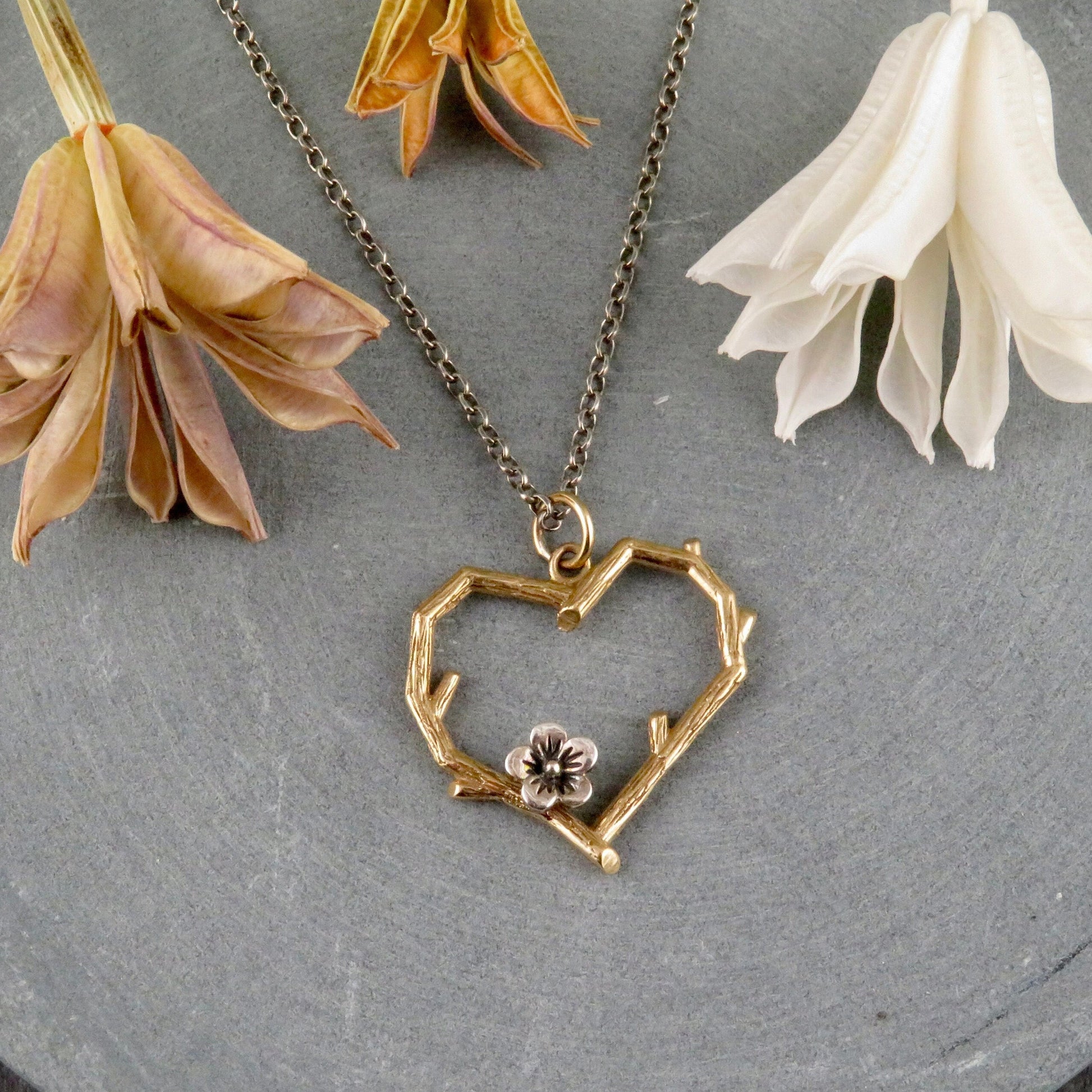 Gold Heart Necklace | Heart Branch Pendant | Tree Lover Necklace | Bronze Heart | Nature Necklace | Two Tone Heart Pendant | Love Branch