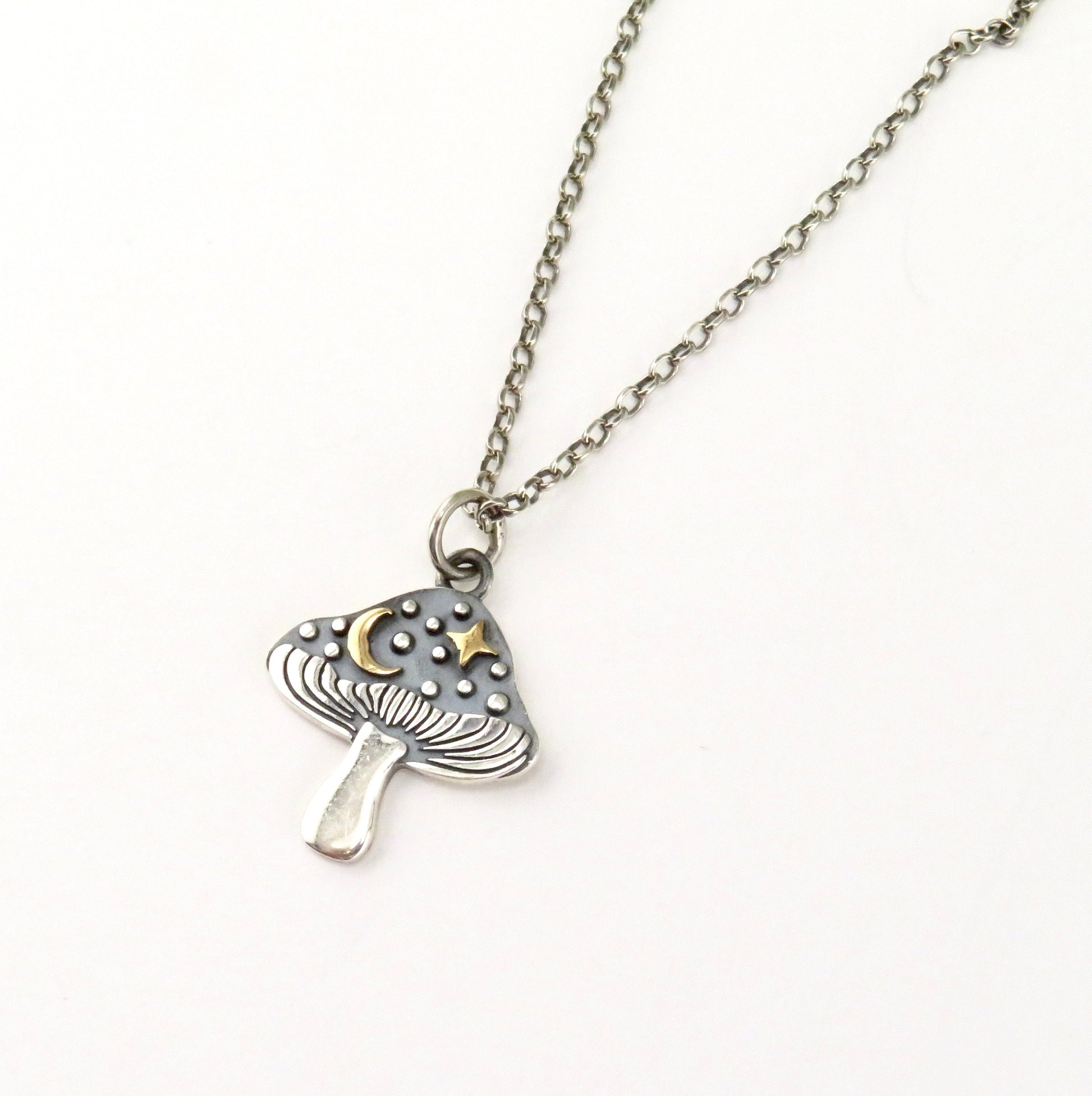 Two Tone Mushroom Necklace | Gold Silver Mushroom Pendant | Mixed Metal Mushroom | Celestial Mushroom Necklace | Unique Mushroom Pendant