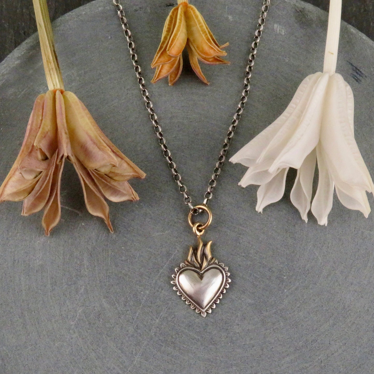 Silver Gold Heart Dagger on Fire Pendant | Two Tone Heart Necklace | Mixed Metal Heart Necklace| Heart Fire Sterling Necklace | Heart Dagger