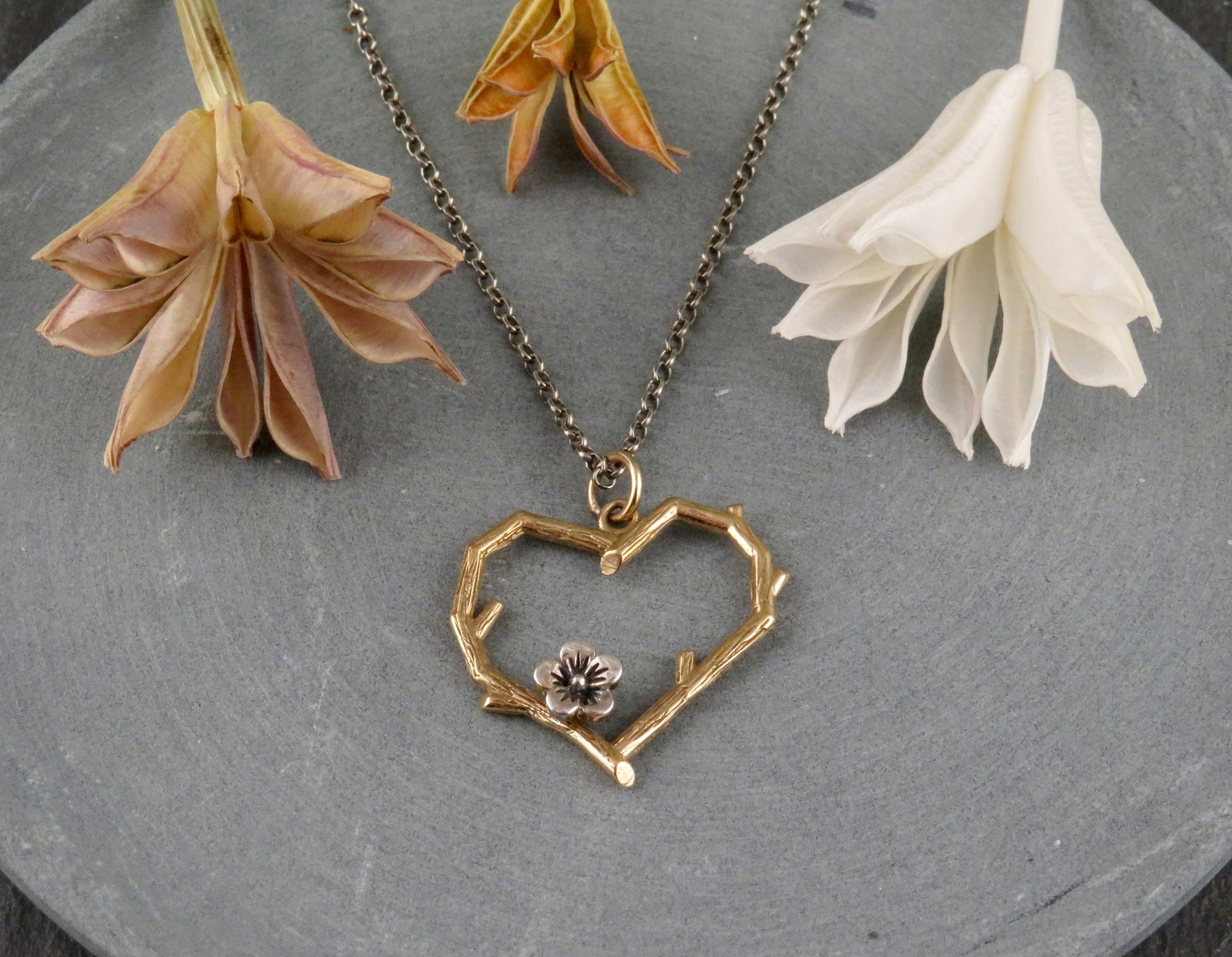 Gold Heart Necklace | Heart Branch Pendant | Tree Lover Necklace | Bronze Heart | Nature Necklace | Two Tone Heart Pendant | Love Branch