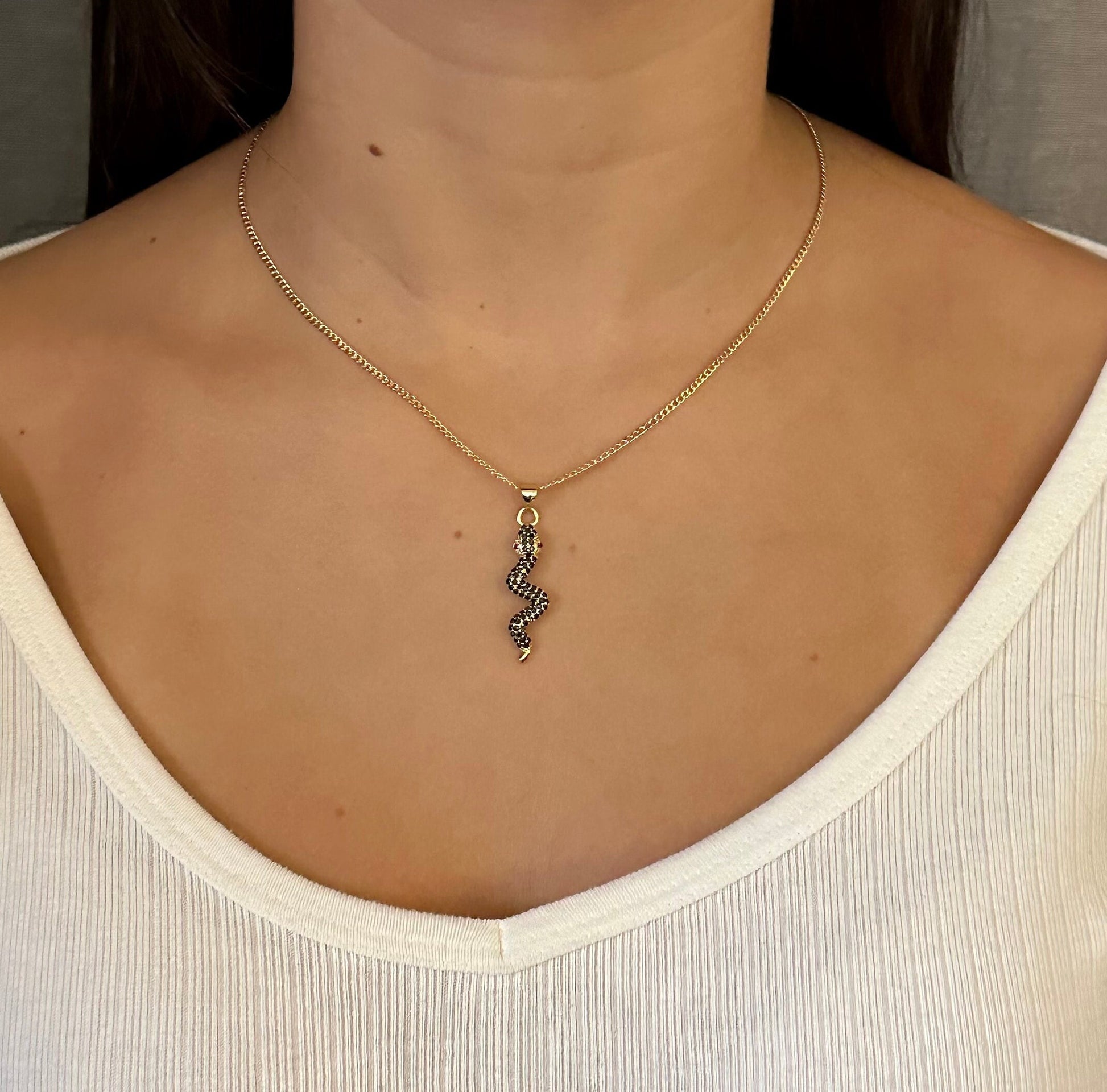 Black Gold Snake Pendant | Gold Snake Necklace | Black CZ Serpent Pendant | Sparkly Black Serpent Necklace | Gem Snake Pendant | Dark Snake
