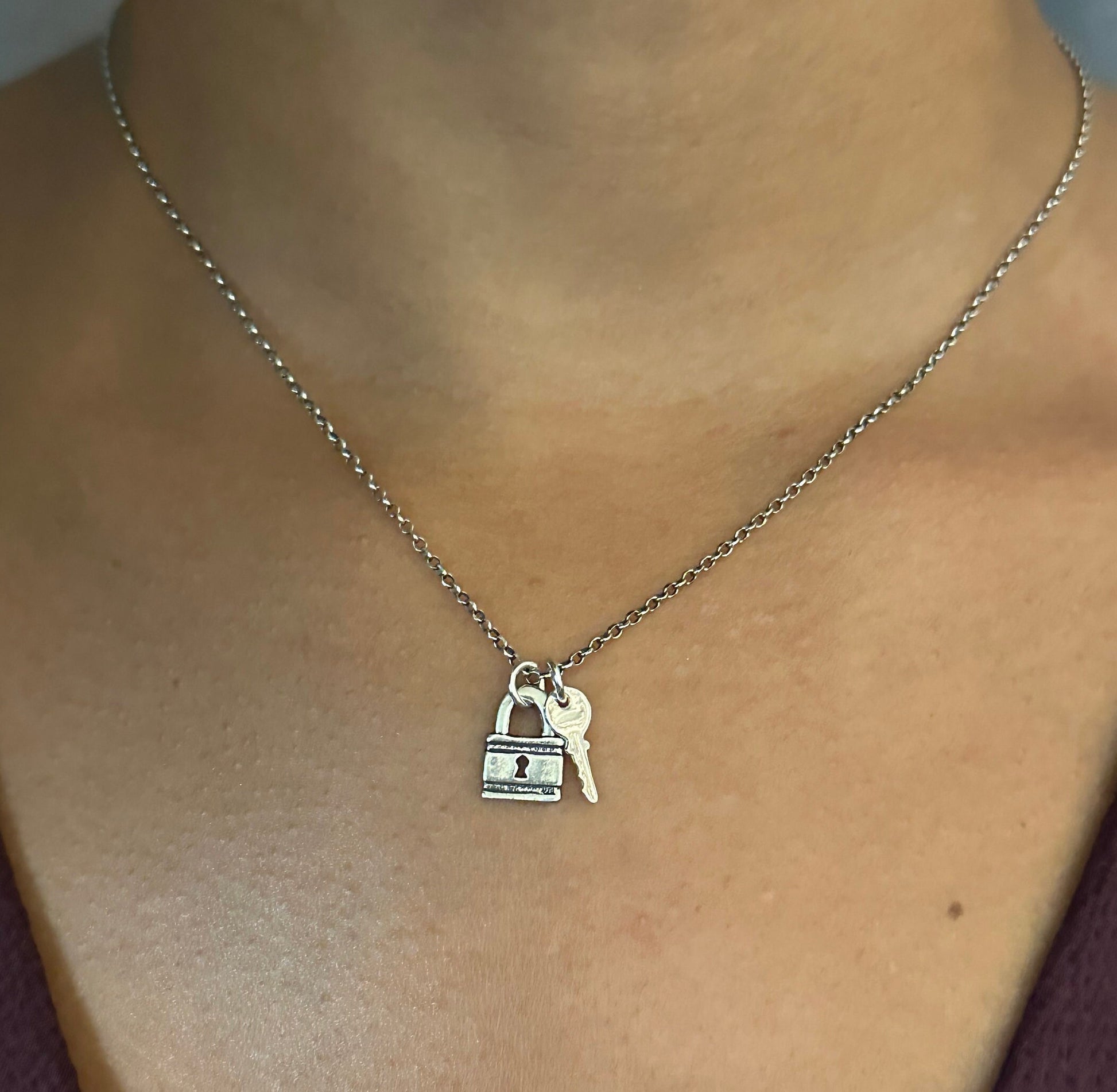 Sterling Lock and Key Necklace | Lock Key Pendants | Silver Padlock Necklace | Sterling Rustic Lock Pendant | Small Lock Key Necklace