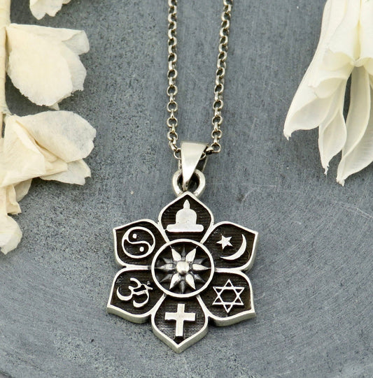 Silver Coexist Necklace | Sterling Coexistence Pendant | Sterling Flower Pendant | Sterling Tolerance Necklace | Silver Spiritual Necklace