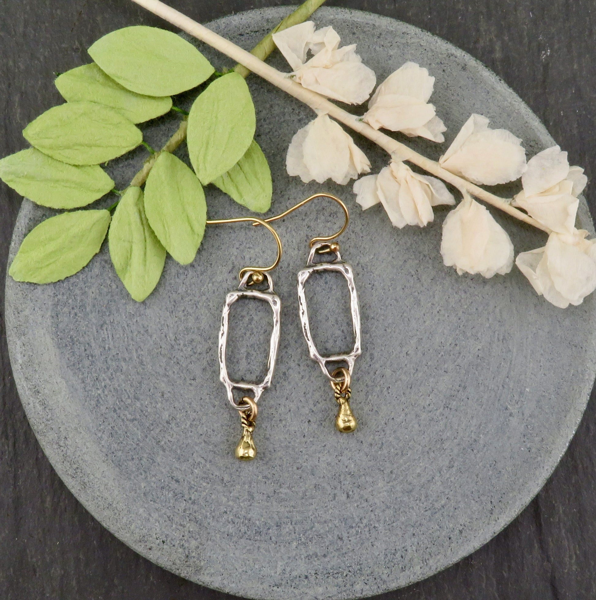 Silver Gold Earrings | Hammered Two Tone Earring | Mixed Metal Earrings | Rectangle Drop Earrings | Open Geometric Earrings | Unique Earring