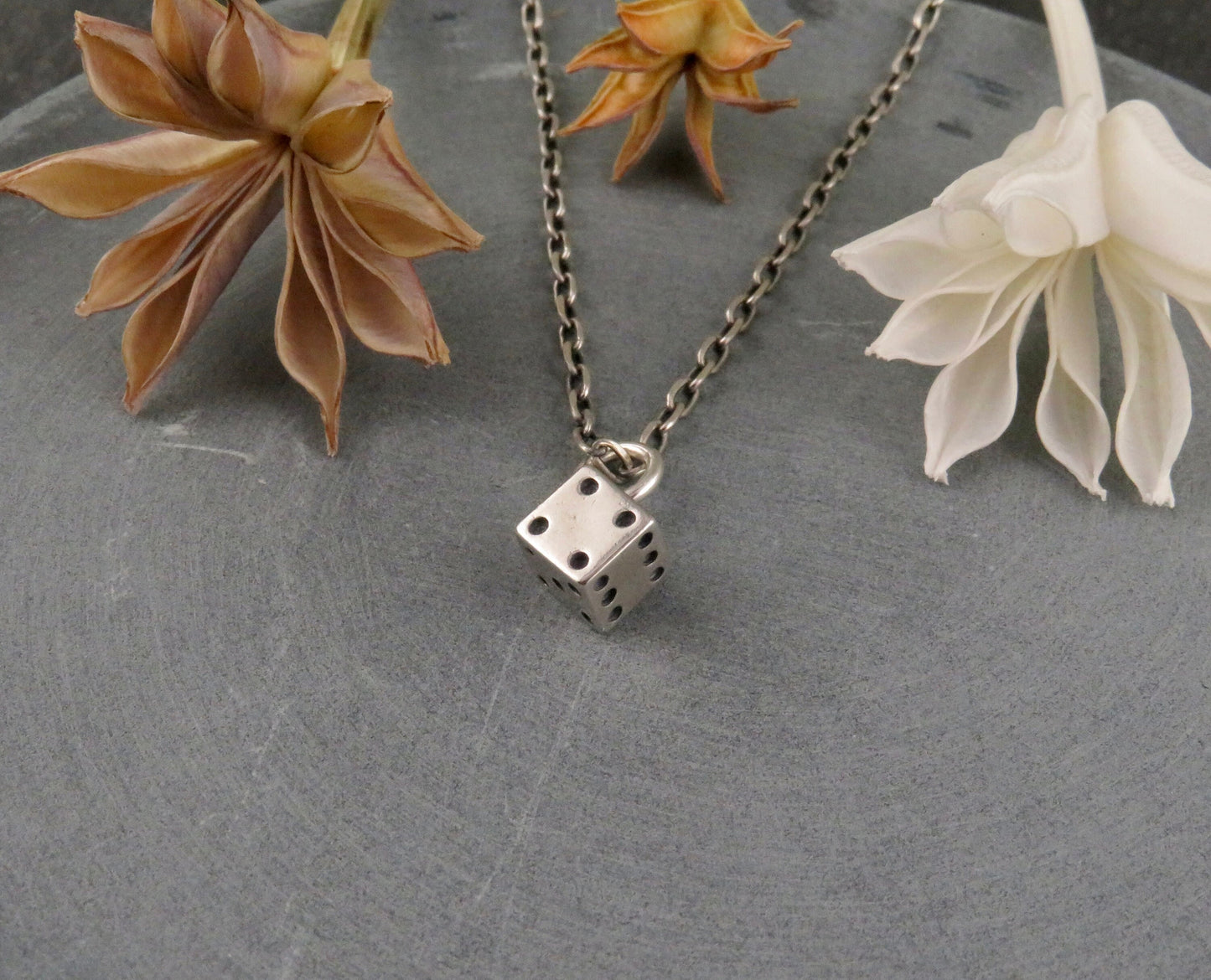 Sterling Dice Necklace, Silver Dice Necklace, Sterling Game Dice Pendant, Silver 3D Dice Necklace, Square Silver Dice Pendant