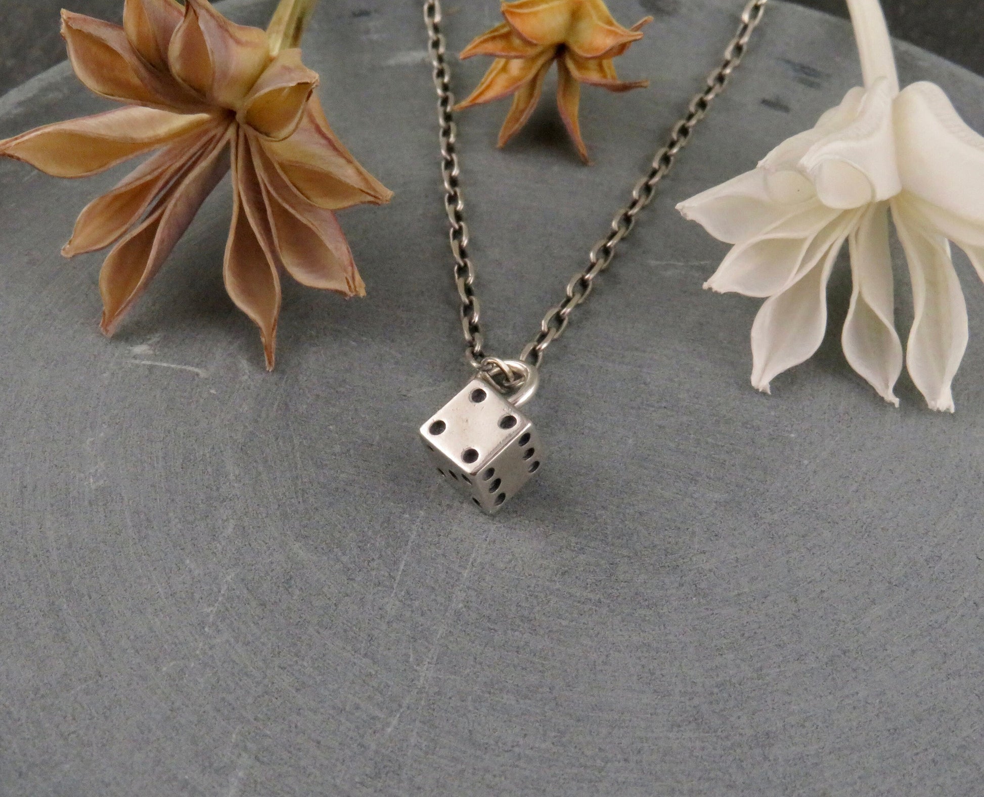 Sterling Dice Necklace, Silver Dice Necklace, Sterling Game Dice Pendant, Silver 3D Dice Necklace, Square Silver Dice Pendant