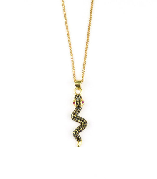 Black Gold Snake Pendant | Gold Snake Necklace | Black CZ Serpent Pendant | Sparkly Black Serpent Necklace | Gem Snake Pendant | Dark Snake