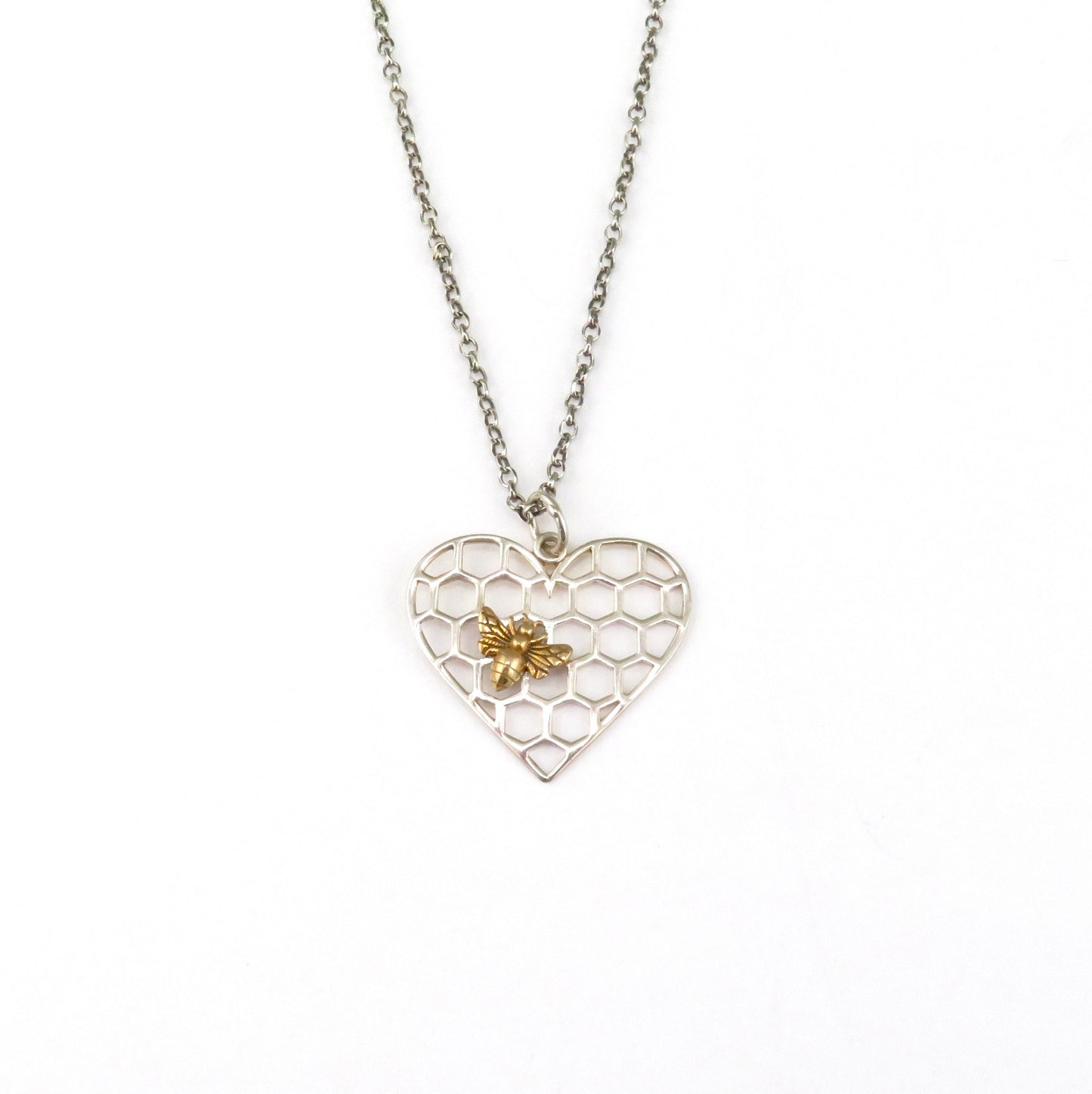 Sterling Bee Heart Necklace | Two Tone Bee Necklace | Mixed Metal Bee Heart Pendant | Honeycomb Heart Bee Necklace | Bee Lover Necklace
