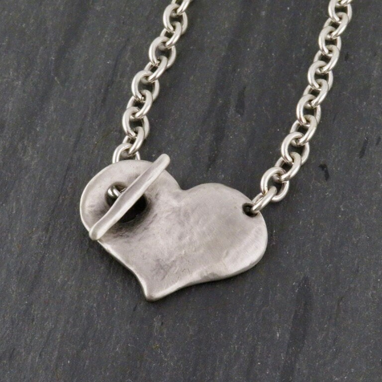 Hammered Silver Heart Necklace | Chunky Heart Necklace | Unique Heart Necklace | Front Toggle Heart Necklace | Matte Silver Heart Necklace