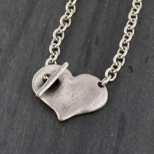 Hammered Silver Heart Necklace | Chunky Heart Necklace | Unique Heart Necklace | Front Toggle Heart Necklace | Matte Silver Heart Necklace