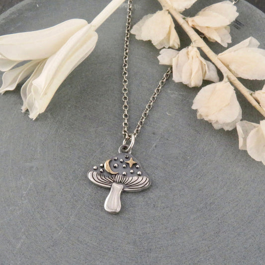 Two Tone Mushroom Necklace | Gold Silver Mushroom Pendant | Mixed Metal Mushroom | Celestial Mushroom Necklace | Unique Mushroom Pendant
