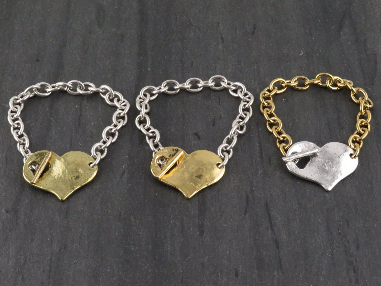 Two Tone Heart Bracelet | Hammered Heart Bracelet | Chunky Mixed Metal Heart Bracelet | Toggle Clasp Heart Bracelet | Unique Heart Bracelet