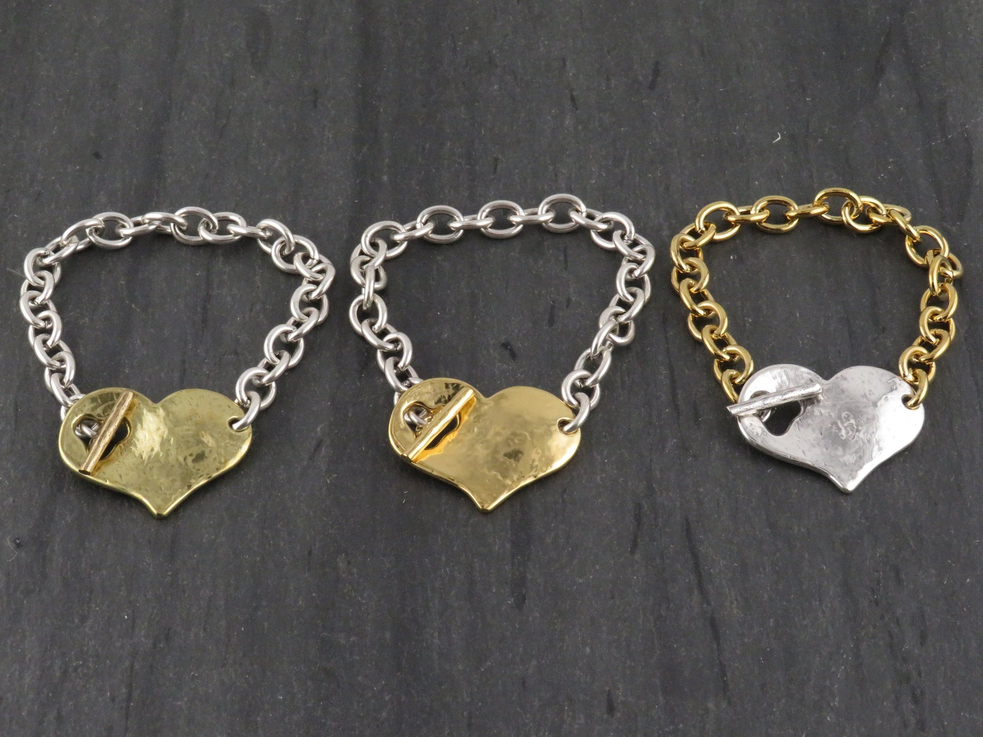 Two Tone Heart Bracelet | Hammered Heart Bracelet | Chunky Mixed Metal Heart Bracelet | Toggle Clasp Heart Bracelet | Unique Heart Bracelet