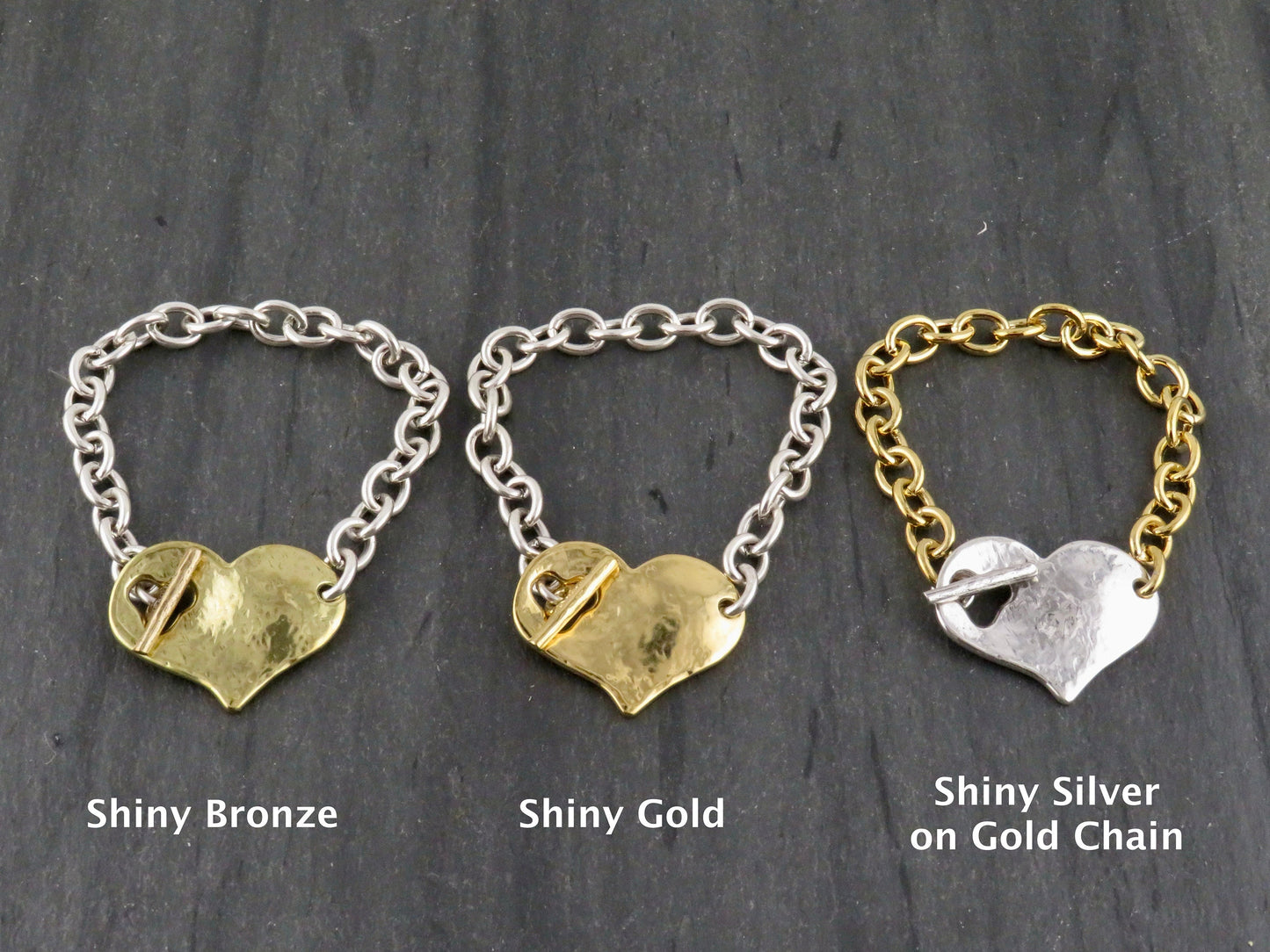Two Tone Heart Bracelet | Hammered Heart Bracelet | Chunky Mixed Metal Heart Bracelet | Toggle Clasp Heart Bracelet | Unique Heart Bracelet