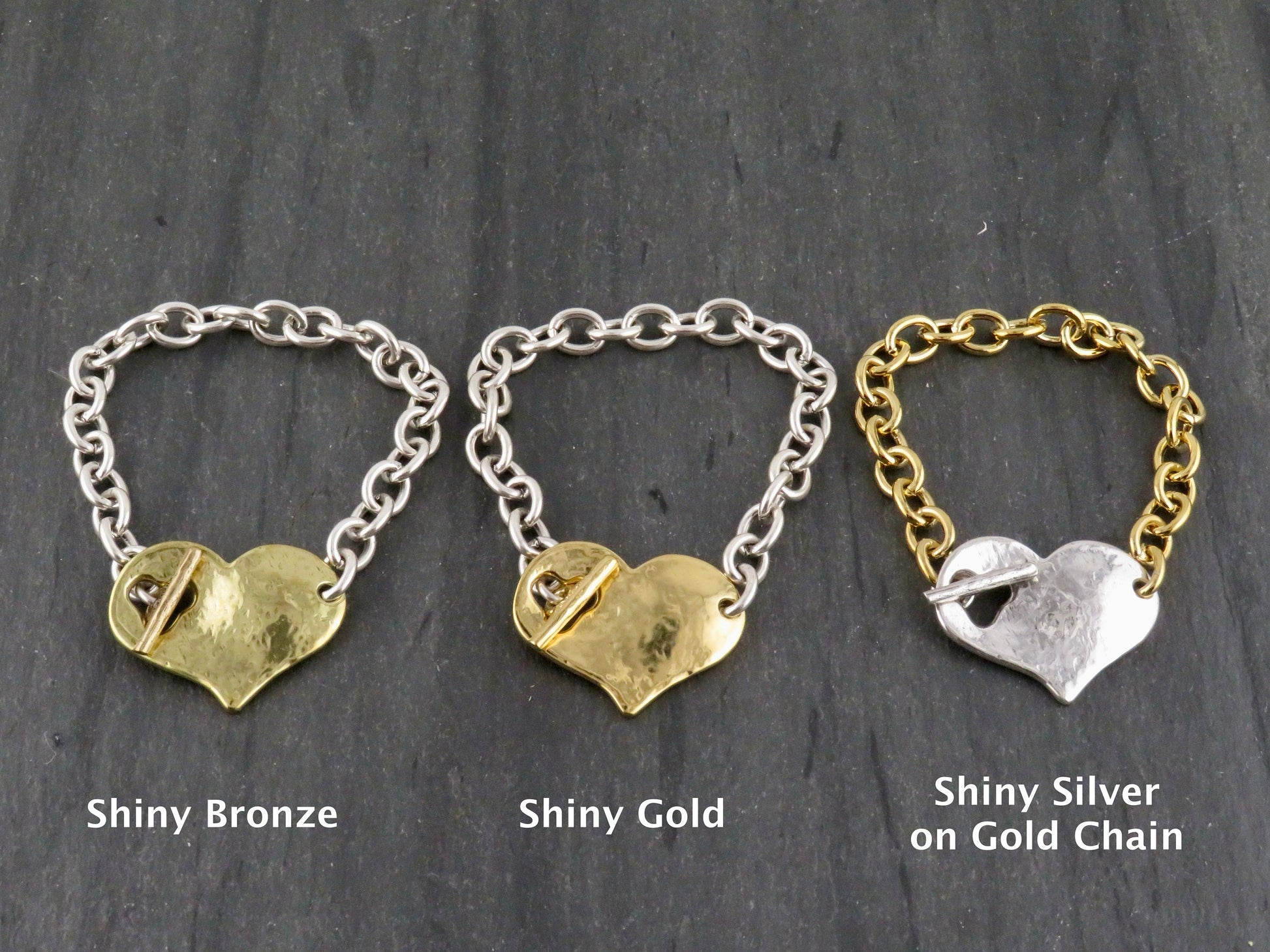 Two Tone Heart Bracelet | Hammered Heart Bracelet | Chunky Mixed Metal Heart Bracelet | Toggle Clasp Heart Bracelet | Unique Heart Bracelet