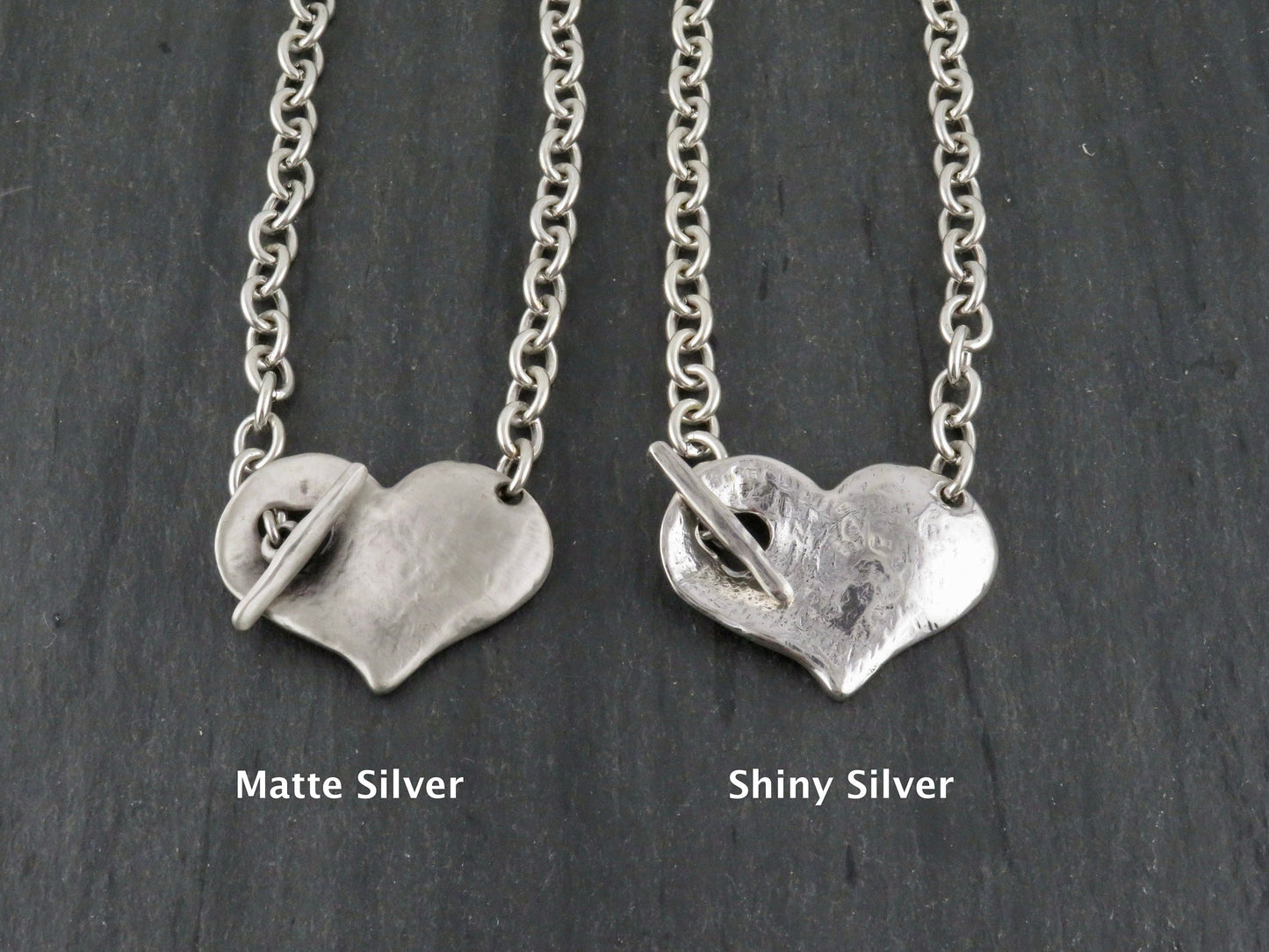 Hammered Silver Heart Necklace | Chunky Heart Necklace | Unique Heart Necklace | Front Toggle Heart Necklace | Matte Silver Heart Necklace