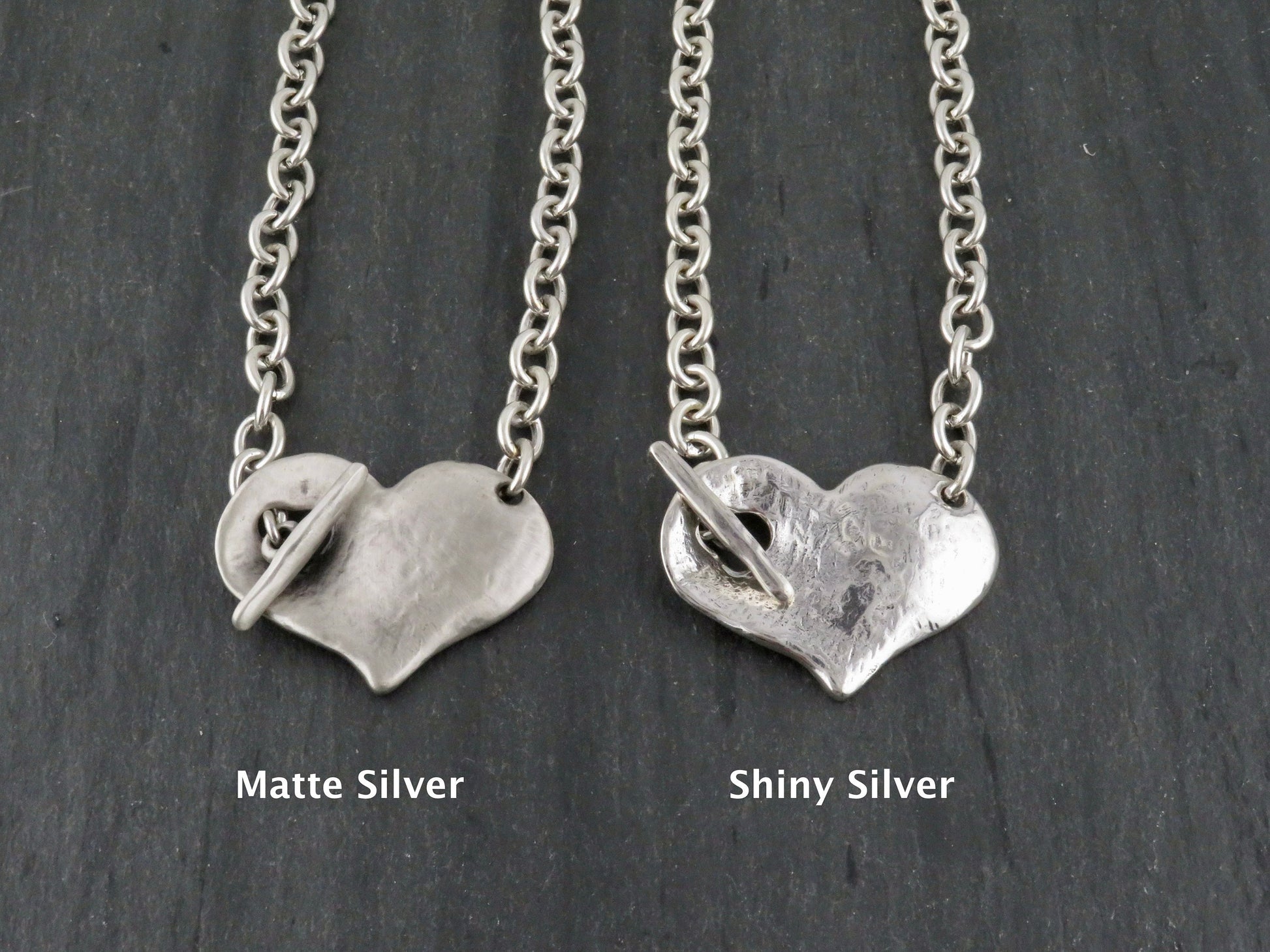 Hammered Silver Heart Necklace | Chunky Heart Necklace | Unique Heart Necklace | Front Toggle Heart Necklace | Matte Silver Heart Necklace