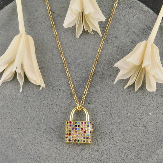 Gold Lock Necklace | Colorful Lock Necklace | Gold Rainbow Padlock Necklace | Gold Multicolored Lock Necklace | Gold Padlock Pendant