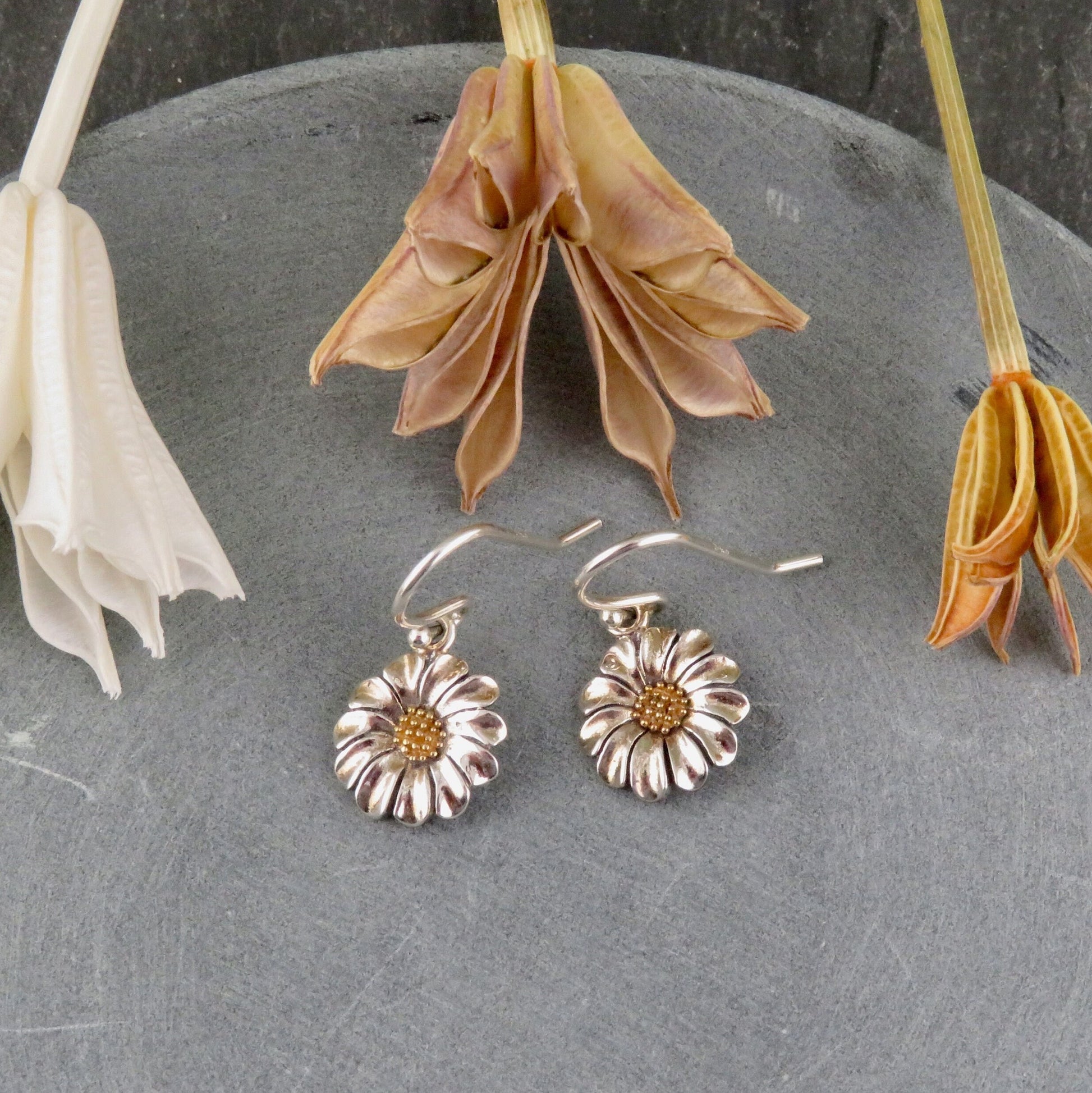 Sterling Small Daisy Earrings | Two Tone Daisy Earrings | Gold Silver Flower Earrings | Mixed Metal Daisy Earrings | Gold Silver Daisies
