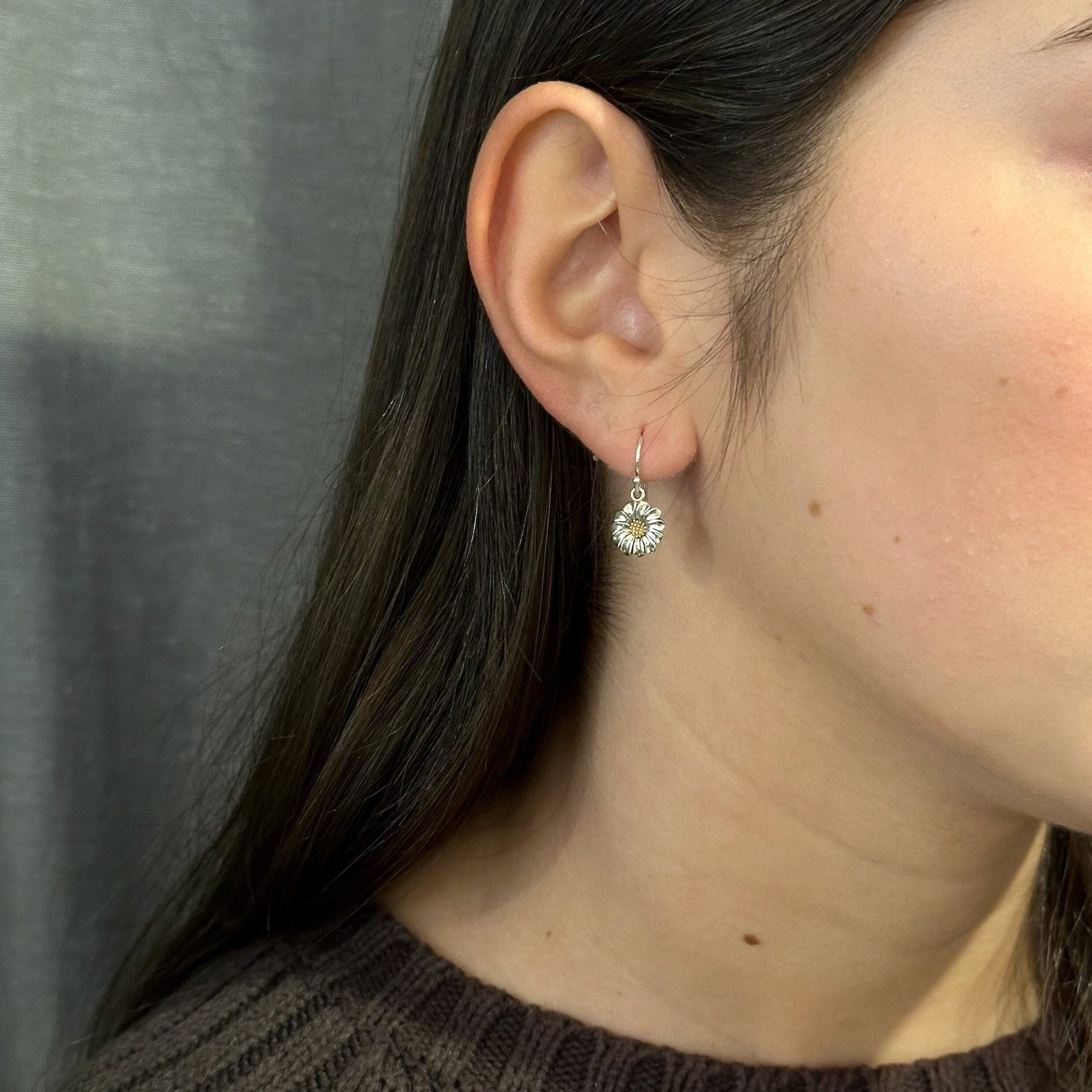 Sterling Small Daisy Earrings | Two Tone Daisy Earrings | Gold Silver Flower Earrings | Mixed Metal Daisy Earrings | Gold Silver Daisies