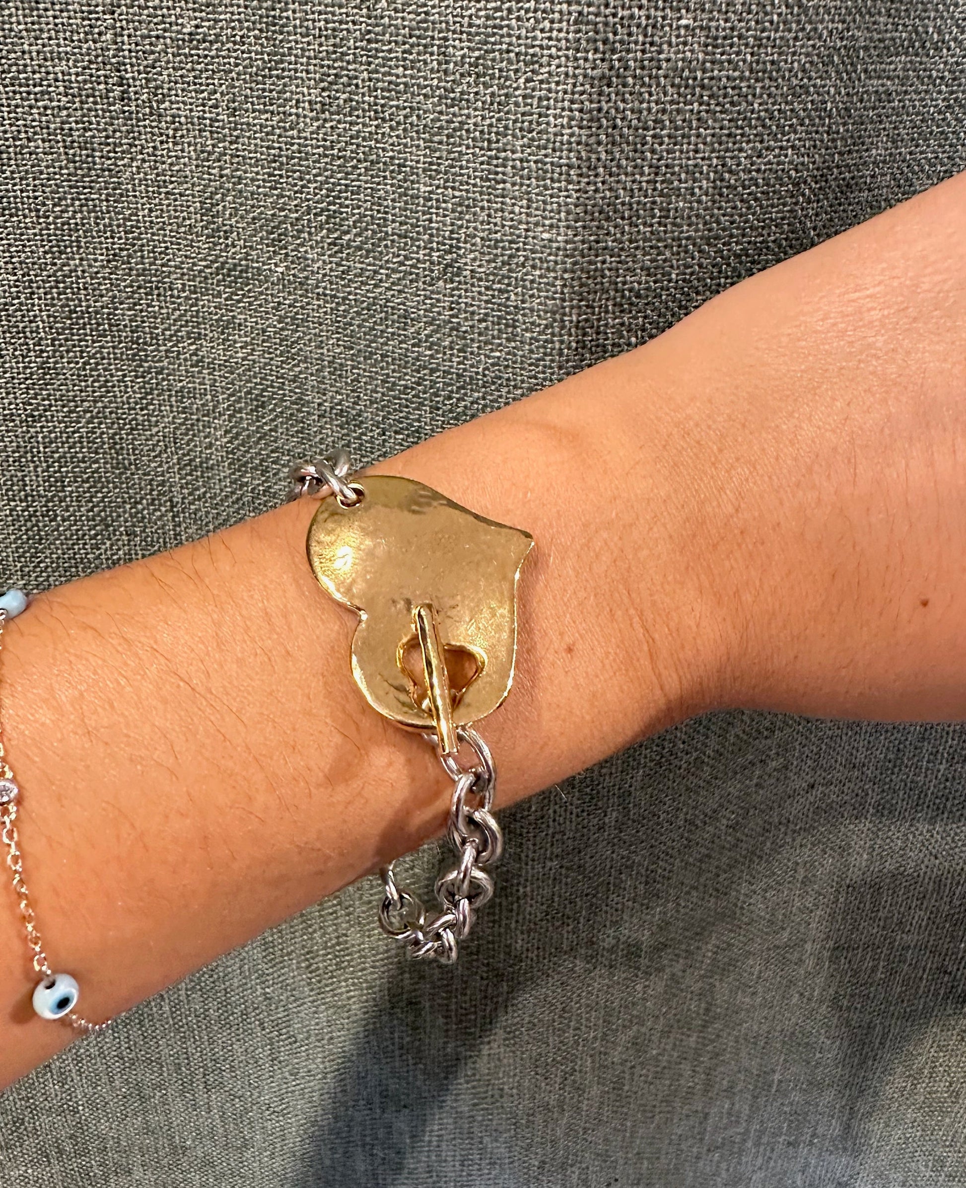 Two Tone Heart Bracelet | Hammered Heart Bracelet | Chunky Mixed Metal Heart Bracelet | Toggle Clasp Heart Bracelet | Unique Heart Bracelet