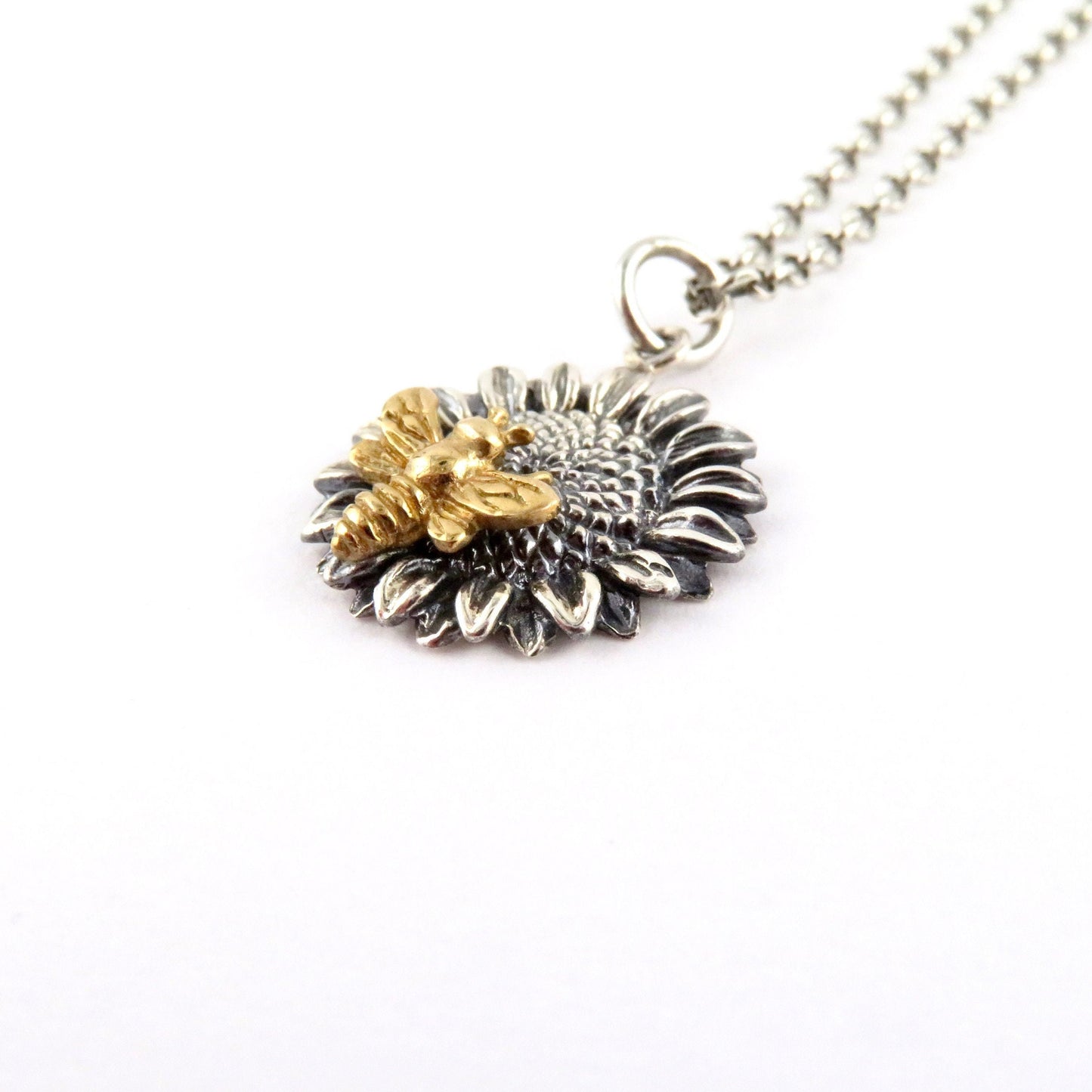 Sterling Bee Necklace | Bee Sunflower Pendant | Two Tone Bee Necklace | Mixed Metal Bee Sunflower | Gold Bee Necklace | Bee Flower Pendant