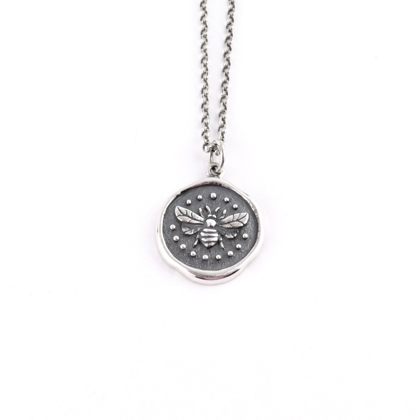 Sterling Bee Necklace | Stamped Bee Pendant | Silver Bee Wax Seal Necklace |Sterling Bee Coin | Silver Bee Medallion | Rustic Bee Pendant