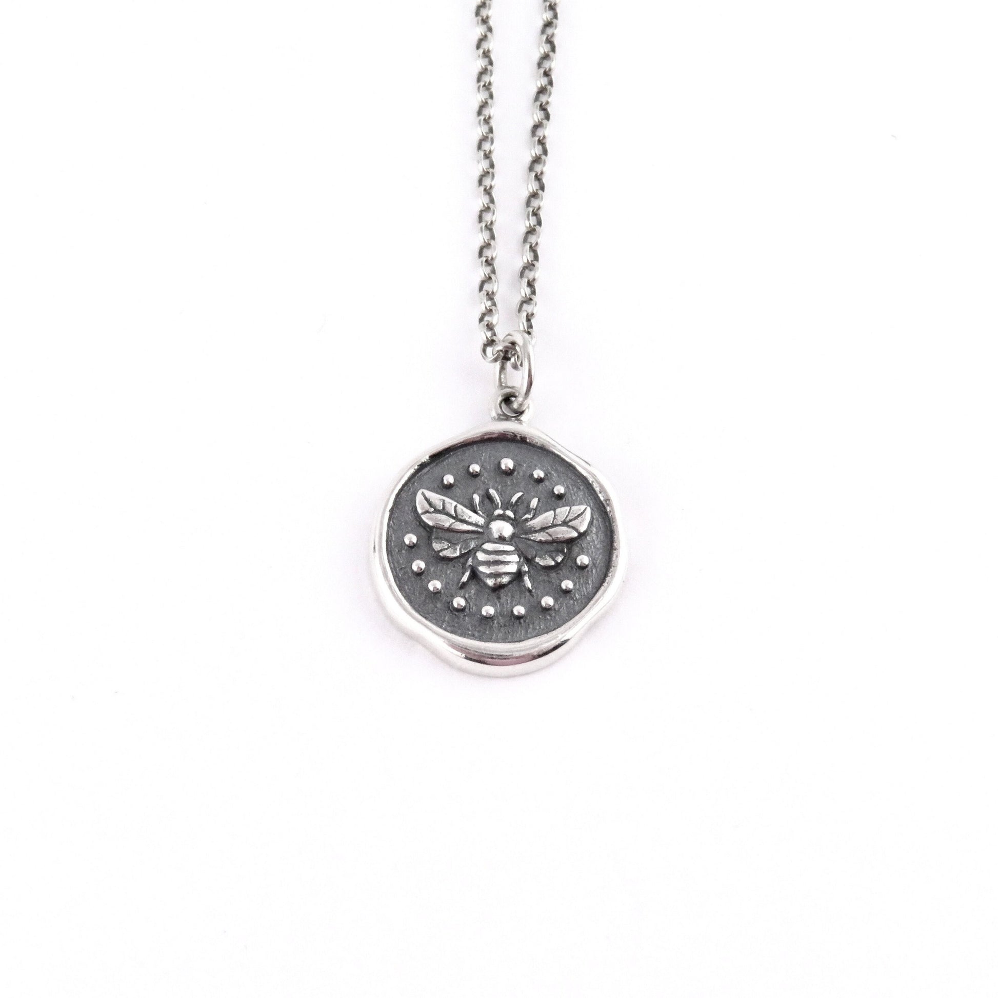 Sterling Bee Necklace | Stamped Bee Pendant | Silver Bee Wax Seal Necklace |Sterling Bee Coin | Silver Bee Medallion | Rustic Bee Pendant